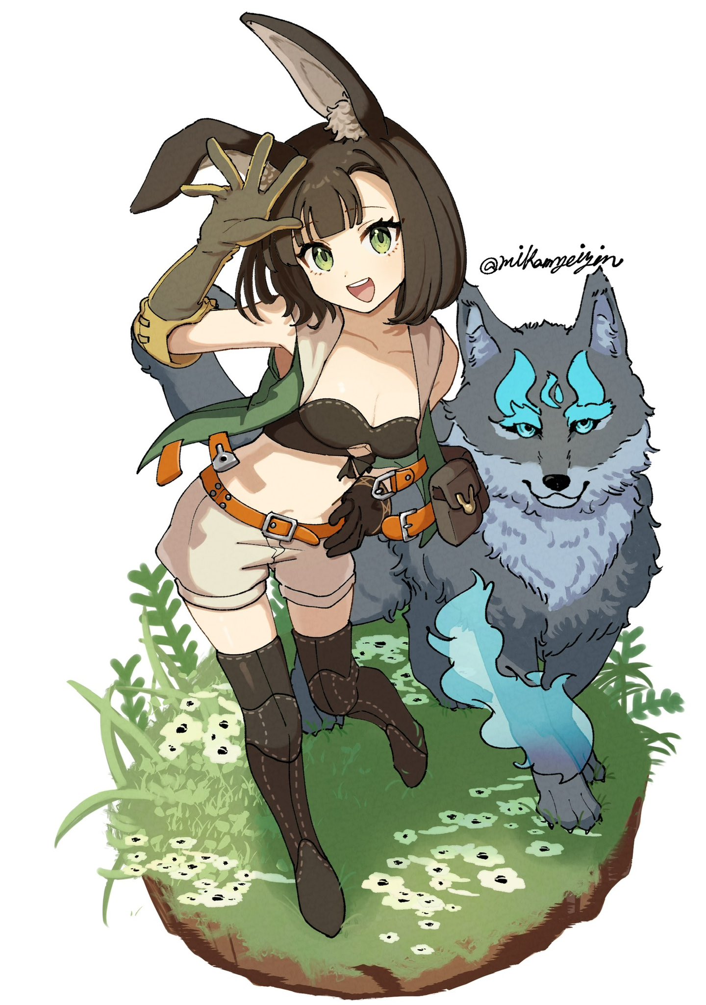 mikamseizin, hound (sekaiju), hound 2 (sekaiju), etrian odyssey, sekaiju no meikyuu, sekaiju no meikyuu 5, highres, 1girl, :d, animal, animal ears, bare shoulders, boots, breasts, brown hair, cleavage, dog, elbow gloves, gloves, green eyes, looking at viewer, navel, open mouth, rabbit ears, short hair, shorts, small breasts, smile, thigh boots