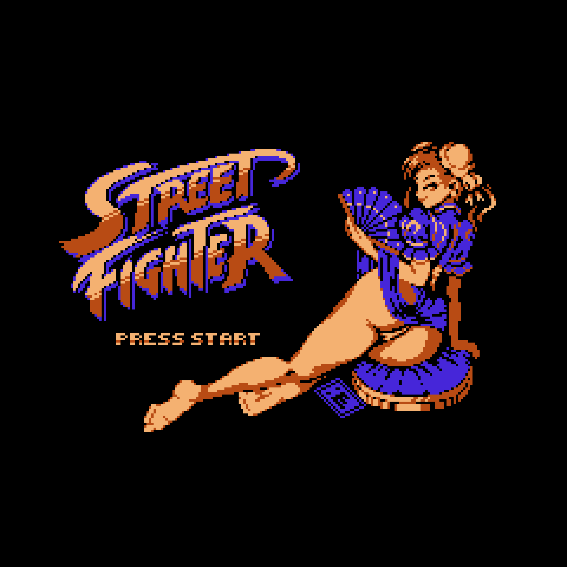 mykar, chun-li, capcom, street fighter, highres, 1girl, arm support, ass, bare legs, barefoot, black background, bun cover, china dress, chinese clothes, copyright name, double bun, dress, english text, folding fan, from behind, hair bun, hand fan, holding, holding fan, limited palette, looking back, pixel art, short sleeves, simple background, sitting, solo