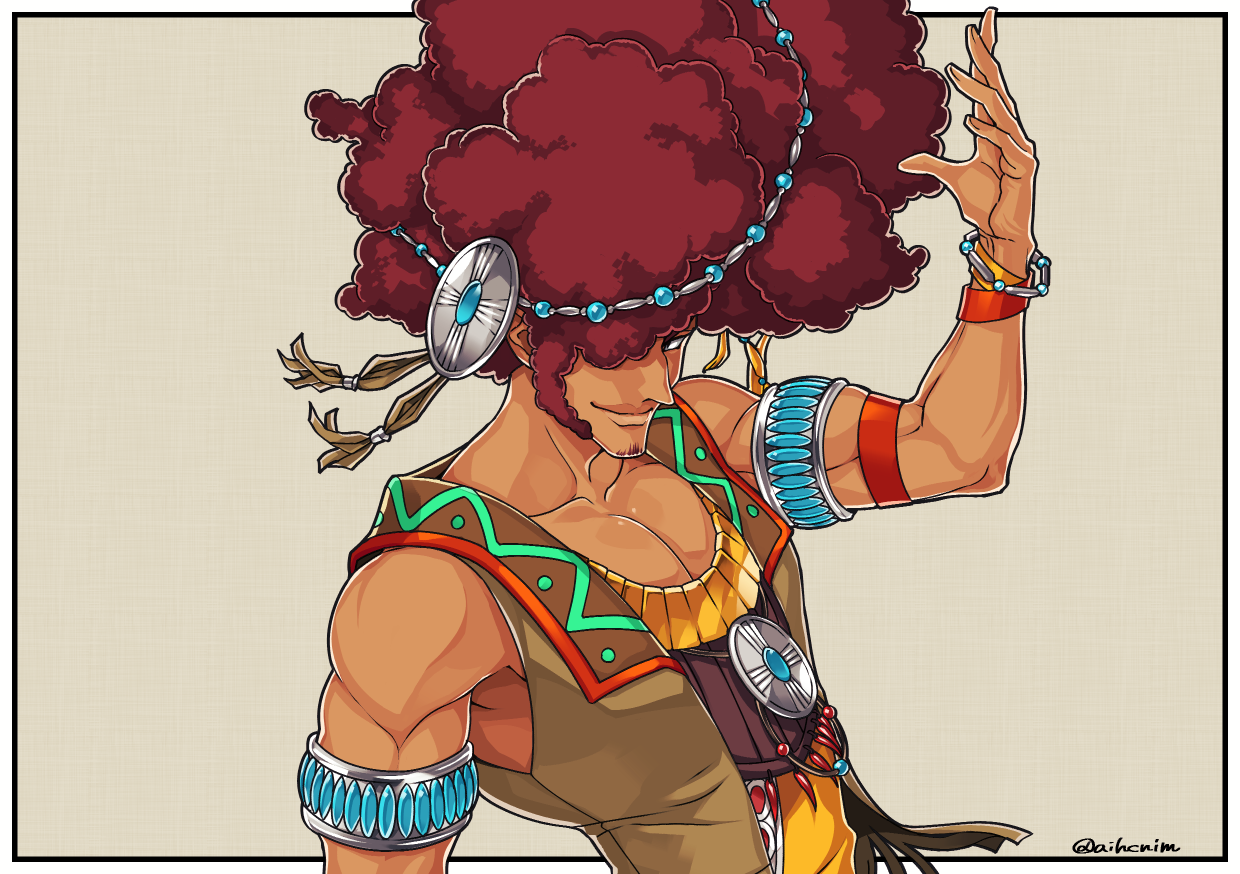 minchia, agares (megido72), megido72, commentary request, 1boy, afro, armlet, beads, brown hair, facial hair, hair ornament, hair over one eye, jewelry, long sideburns, outside border, sideburns, simple background, smile, solo, vest