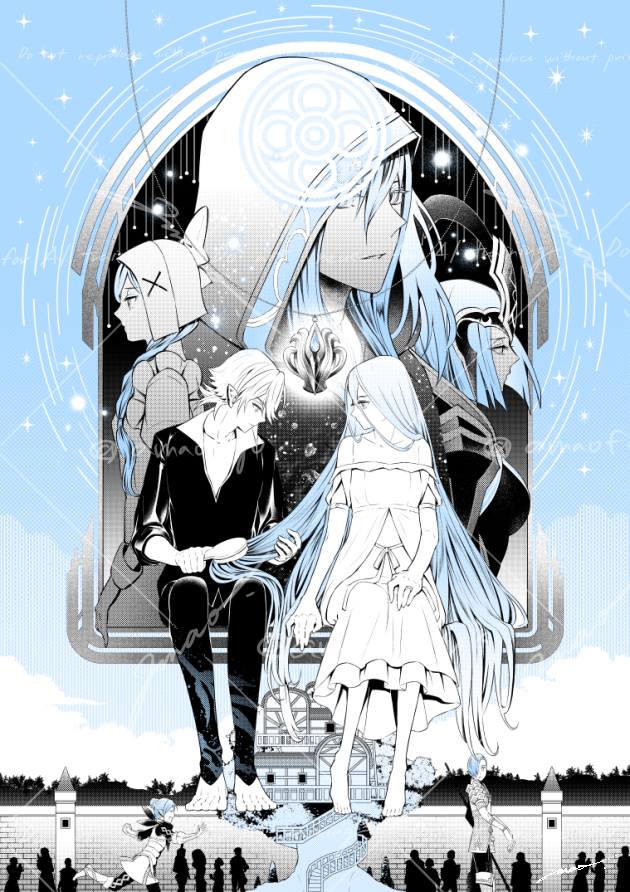 amao miyuki, anankos, arete (fire emblem), azura (fire emblem), female kana (fire emblem), lilith (fire emblem), male corrin (fire emblem), shigure (fire emblem), fire emblem, fire emblem fates, nintendo, 3boys, 4girls, bare shoulders, barefoot, blue hair, breasts, brother and sister, double-parted bangs, dress, hair between eyes, holding another's hair, hood, jewelry, long hair, medium breasts, multiple boys, multiple girls, pendant, short hair, siblings, sidelocks, very long hair, watermark, watermark grid, white hair