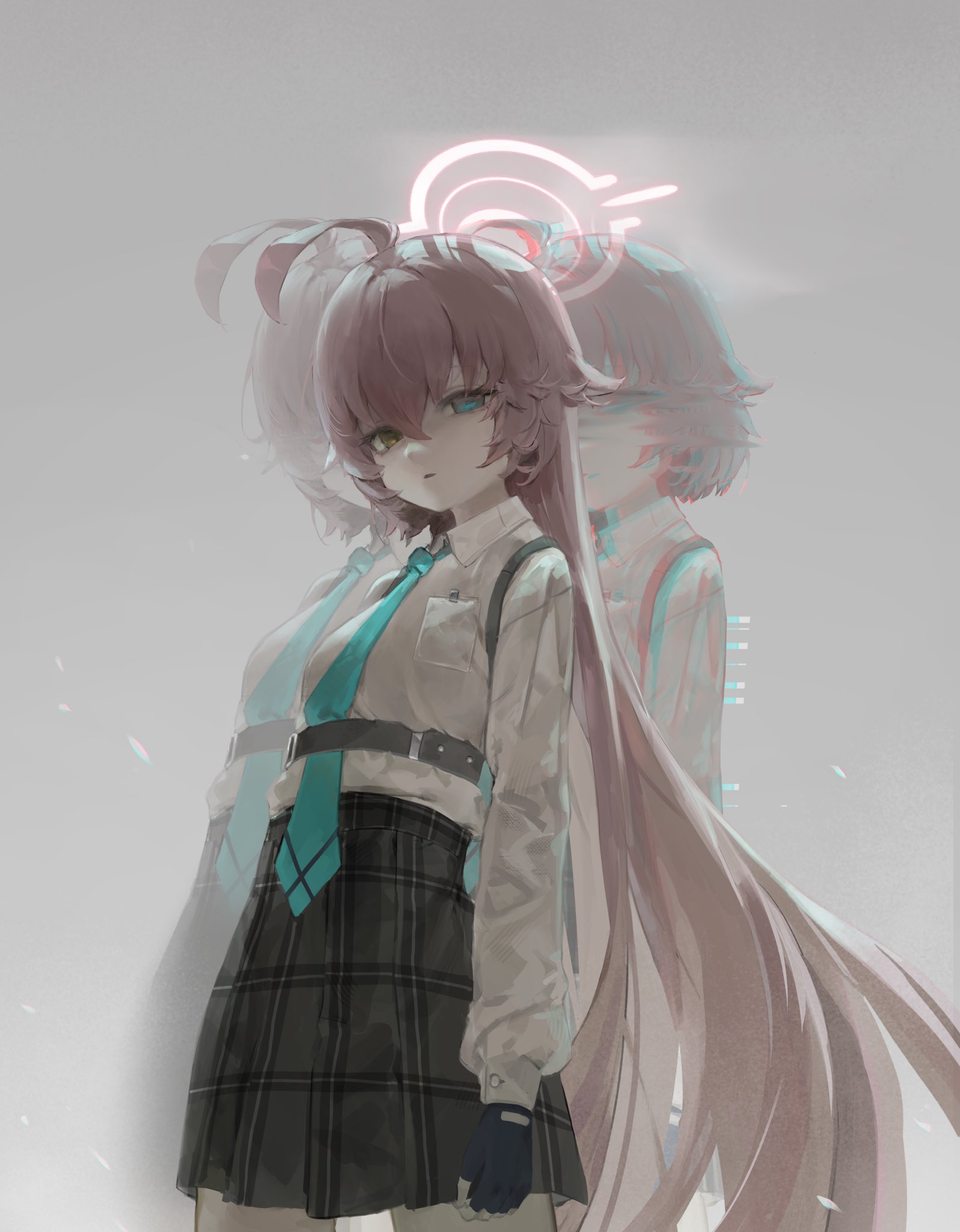 bxlm08, hoshino (blue archive), hoshino (first year) (blue archive), blue archive, highres, 1girl, ahoge, aqua necktie, blue eyes, breasts, fingerless gloves, gloves, grey background, hair between eyes, halo, heterochromia, long hair, long sleeves, looking at viewer, multiple views, necktie, pink hair, plaid clothes, plaid skirt, shirt, simple background, skirt, small breasts, very long hair, white shirt, yellow eyes