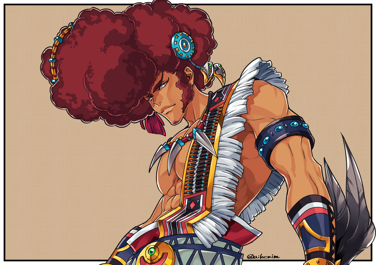 minchia, agares (megido72), megido72, commentary request, 1boy, afro, armlet, beads, brown hair, facial hair, feathers, hair ornament, jewelry, long sideburns, outside border, sideburns, simple background, solo