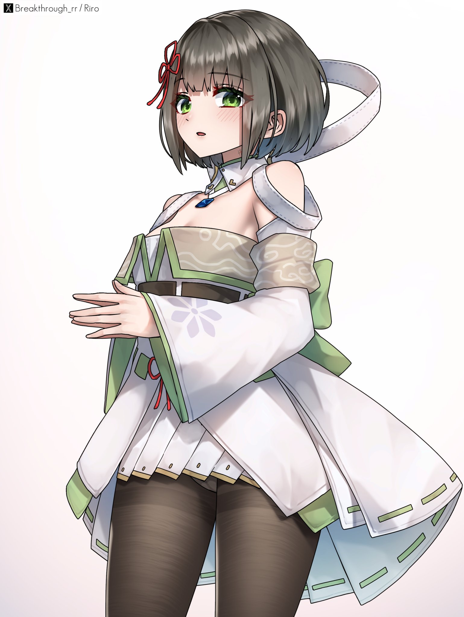 riro (breakthrough rr), miyabi (xenoblade), xenoblade chronicles (series), xenoblade chronicles 3, highres, 1girl, agnus female off-seer uniform, bare shoulders, blush, breasts, brown pantyhose, chest jewel, cleavage, detached collar, detached sleeves, flower knot, green eyes, looking at viewer, miniskirt, panties, panties under pantyhose, pantyhose, short hair, skirt, small breasts, solo, thighband pantyhose, underwear