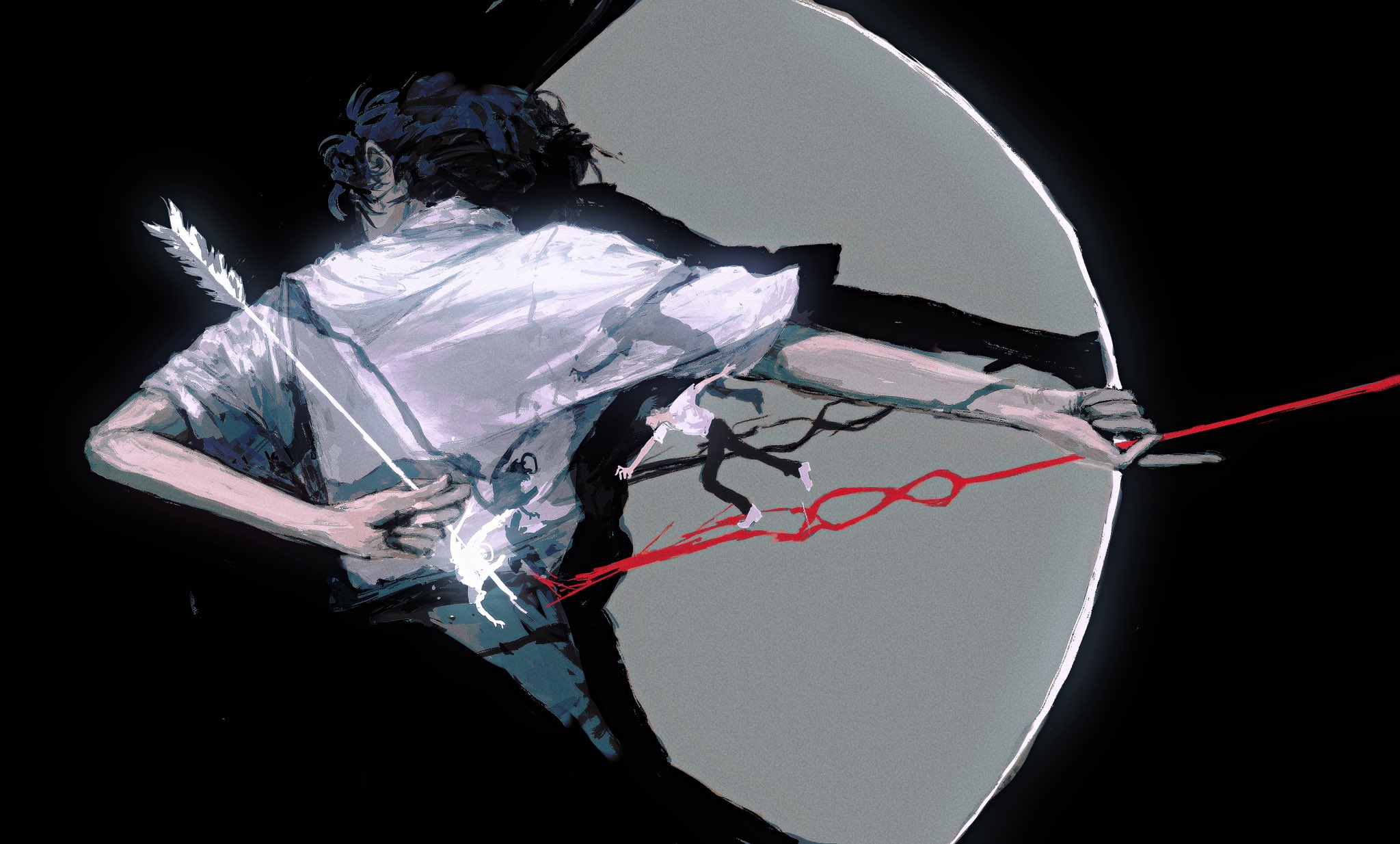 zhiwukafuka, ikari shinji, neon genesis evangelion, hashtag-only commentary, highres, 1boy, back, black hair, collared shirt, cowboy shot, holding, lance of longinus (evangelion), male focus, pants, shirt, short hair, short sleeves, solo, white shirt