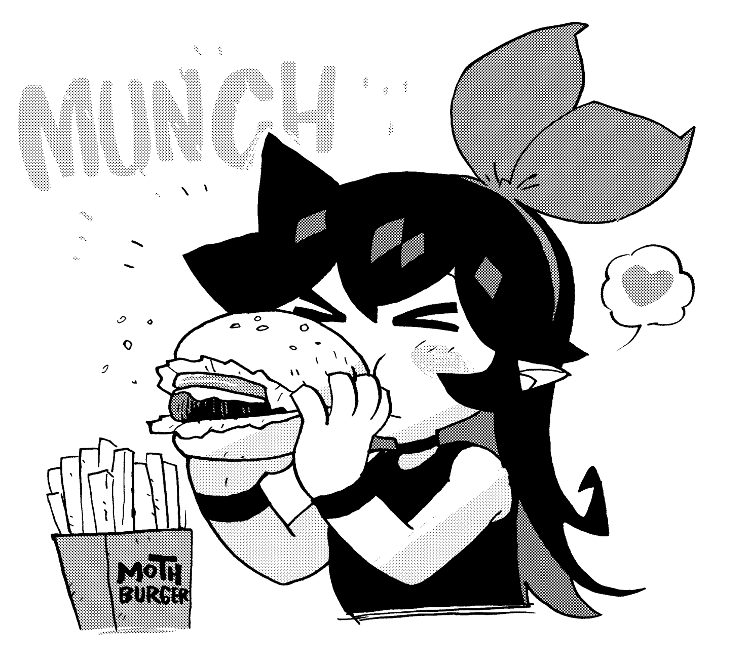 rariatto (ganguri), zakuro (rariatto), noss & zakuro, commentary, highres, symbol-only commentary, > <, black hair, blush, bow, burger, choker, cropped torso, eating, english text, food, french fries, hair bow, halftone, heart, holding, holding food, long hair, monochrome, simple background, sleeveless, spoken heart, white background