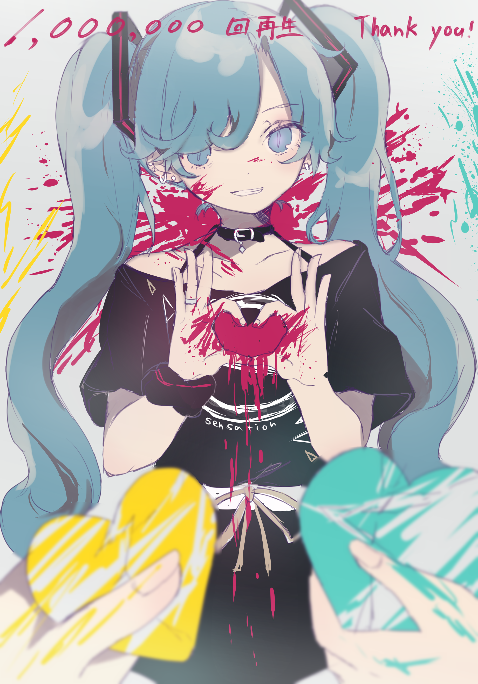 heremia, gumi, hatsune miku, kagamine rin, vocaloid, absurdres, highres, 3girls, belt, black shirt, blue eyes, blue hair, blurry, blurry foreground, collar, ear piercing, earrings, grin, hair over one eye, heart, heart hands, jewelry, long hair, looking at viewer, multiple girls, off-shoulder shirt, off shoulder, out of frame, paint splatter, piercing, ring, scrunchie, sensation (vocaloid), shirt, short sleeves, smile, stud earrings, twintails, wrist scrunchie