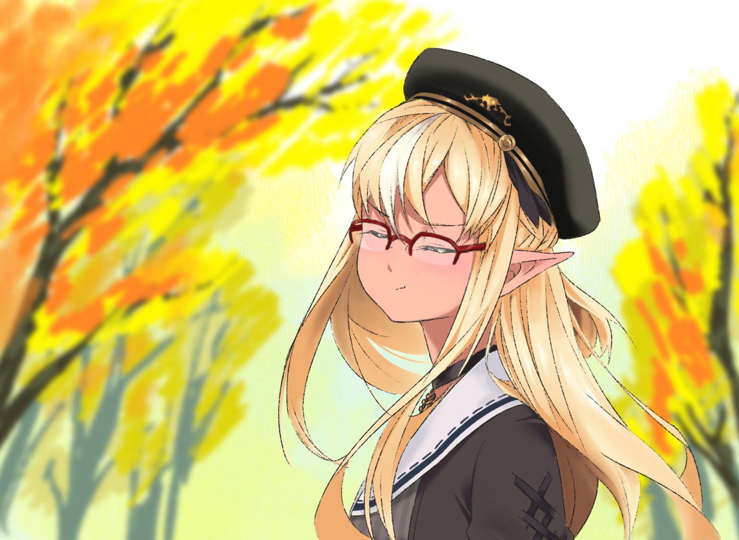 vividnatadecoco, shiranui flare, hololive, 1girl, beret, black collar, black hat, black jacket, blonde hair, blurry, blurry background, blush, closed eyes, closed mouth, collar, day, depth of field, elf, facing viewer, glasses, hair between eyes, hat, jacket, long hair, multicolored hair, outdoors, over-rim eyewear, pointy ears, red-framed eyewear, sailor collar, semi-rimless eyewear, solo, streaked hair, tree, upper body, v-shaped eyebrows, virtual youtuber, white hair, white sailor collar