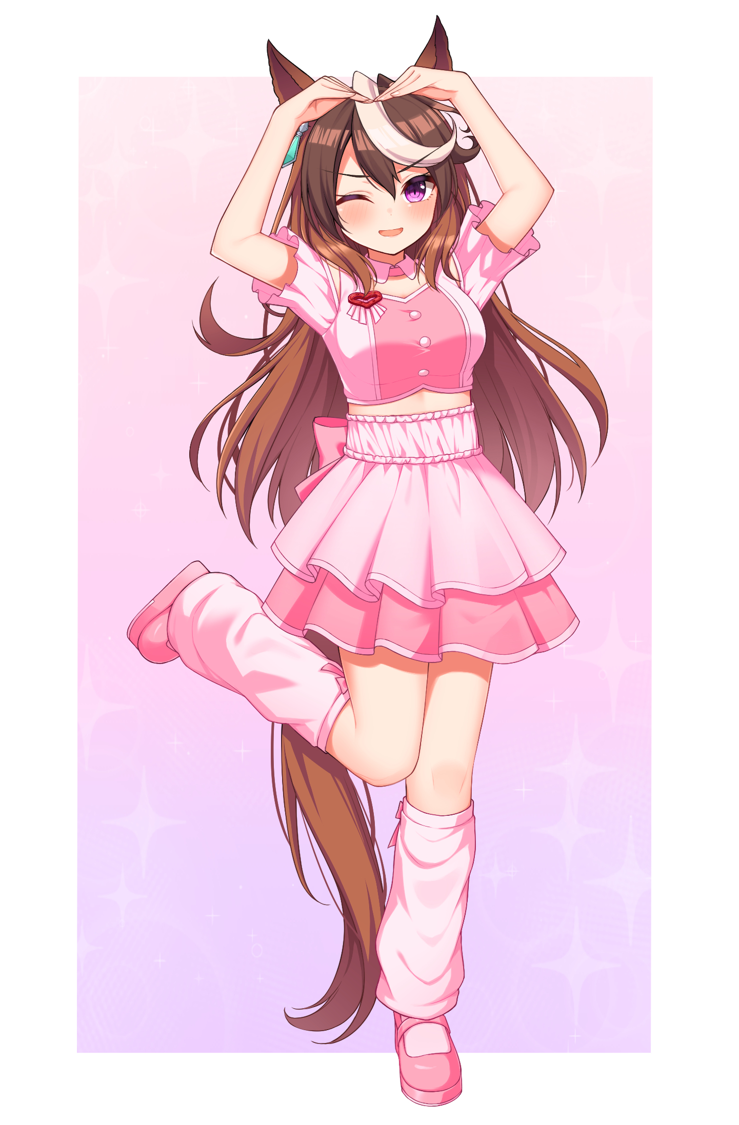 hoshino reiji, symboli rudolf (umamusume), umamusume, commentary request, highres, 1girl, animal ears, arms up, blush, border, breasts, brown hair, brown tail, crop top, heart arms, horse ears, horse girl, horse tail, layered skirt, long hair, looking at viewer, loose socks, midriff, official alternate costume, one eye closed, open mouth, outside border, pink background, pink shirt, pink shoes, pink skirt, pink socks, purple eyes, shirt, shoes, simple background, skirt, smile, socks, solo, standing, standing on one leg, tail, white border, white hair, white streaks