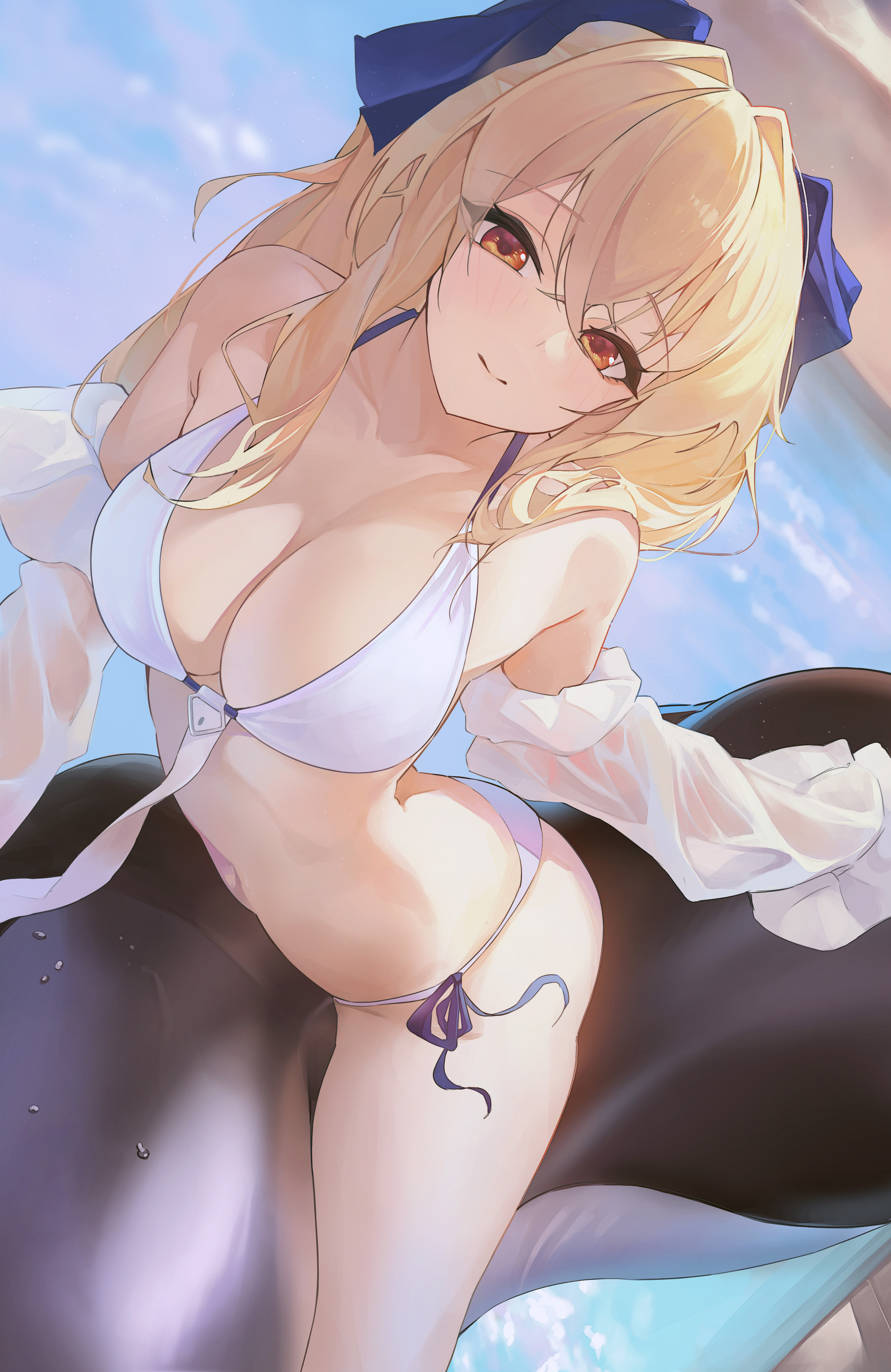 smile12190, original, absurdres, highres, 1girl, bare shoulders, bikini, blonde hair, blue ribbon, bow, breasts, cleavage, collarbone, detached sleeves, hair bow, hair ribbon, halterneck, inflatable toy, large breasts, long hair, looking at viewer, navel, orange eyes, red eyes, ribbon, see-through clothes, side-tie bikini bottom, smile, solo, swimsuit, wet, white bikini