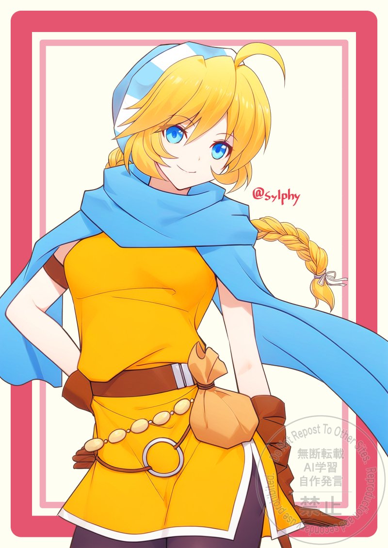 sylphy fe, patty (fire emblem), fire emblem, fire emblem: genealogy of the holy war, nintendo, 1girl, ahoge, armband, belt, black pantyhose, blonde hair, blue eyes, blue scarf, braid, braided ponytail, breasts, closed mouth, dress, gloves, hat, long hair, looking at viewer, orange dress, orange tunic, pantyhose, sack, scarf, sleeveless, sleeveless dress, smile, solo, tunic