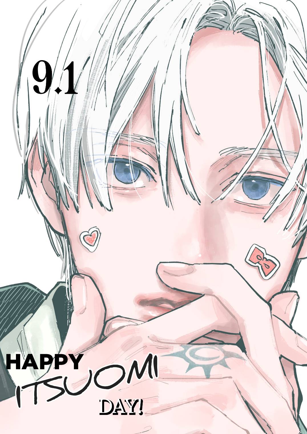 morisita suu, yubisaki to renren, commentary, highres, 1boy, blue eyes, character name, dated, finger tattoo, fingernails, hands up, itsuomi nagi, looking at viewer, male focus, solo, sticker, sticker on face, tattoo, white hair