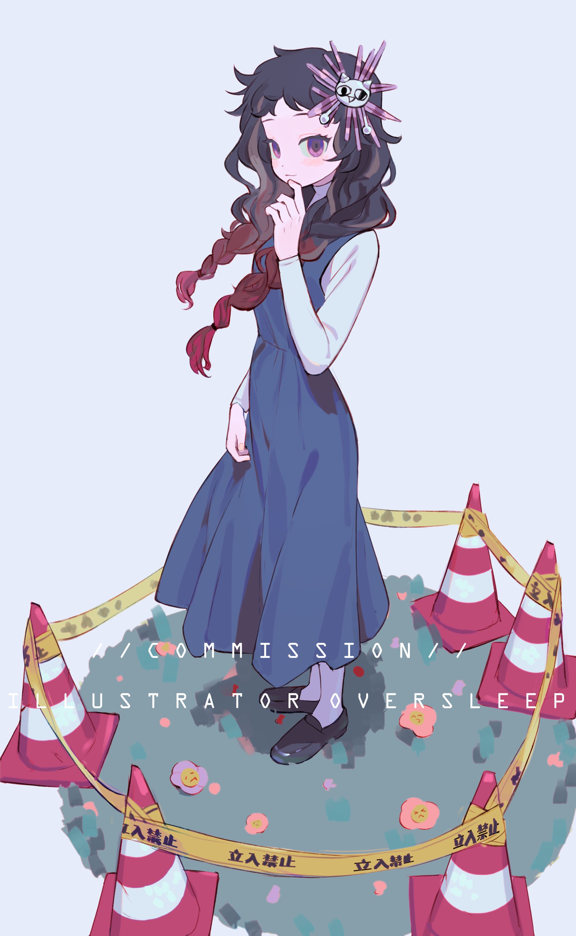 oversleep, original, absurdres, highres, 1girl, black hair, blue dress, braid, caution tape, dress, english text, finger to mouth, flower, full body, gradient hair, hair ornament, hand up, keep out, loafers, long dress, long hair, long sleeves, multicolored hair, pink flower, red eyes, red hair, ribbon, shirt, shoes, sign, simple background, solo, standing, traffic cone, twin braids, warning sign, white shirt