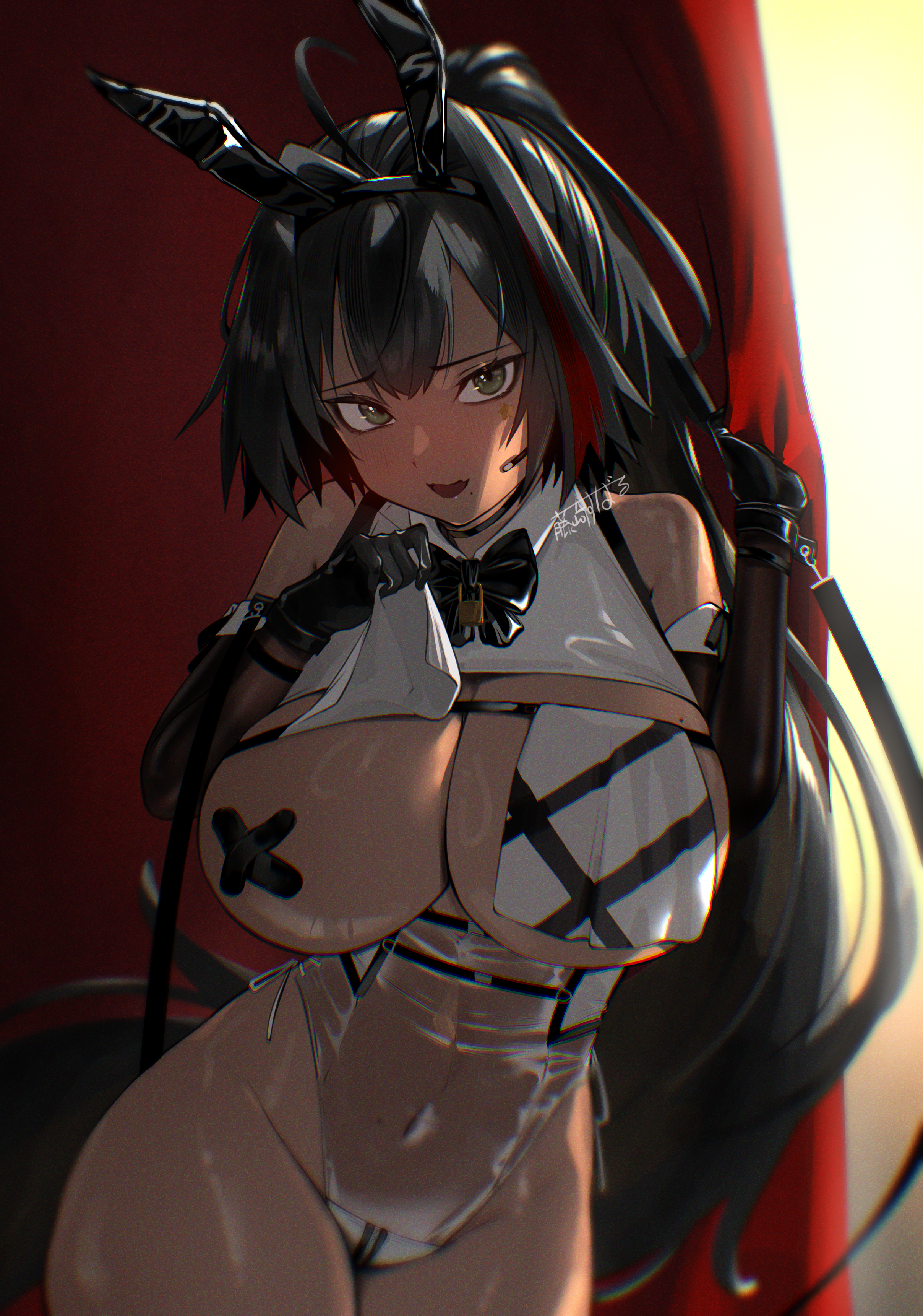 fujisaki subaru, bay (nikke), goddess of victory: nikke, absurdres, commentary request, highres, 1girl, animal ear hairband, animal ears, bare shoulders, bay (radiant rabbit) (nikke), black bow, black bowtie, black gloves, black hair, blush, bow, bowtie, breast curtain lift, breast curtains, breasts, cleavage, covered navel, cowboy shot, cross, cross pasties, curtains, dark-skinned female, dark skin, earpiece, elbow gloves, fake animal ears, gloves, groin, hair between eyes, hair intakes, hairband, highleg, highleg leotard, large breasts, leotard, lock, long hair, looking at viewer, mole, mole on breast, mole on stomach, mole under mouth, multicolored hair, official alternate costume, open mouth, padlock, pasties, playboy bunny, ponytail, rabbit ear hairband, rabbit ears, red hair, see-through clothes, see-through leotard, sidelocks, skindentation, solo, standing, star (symbol), star sticker, sticker, strapless, streaked hair, very long hair, wrist cuffs