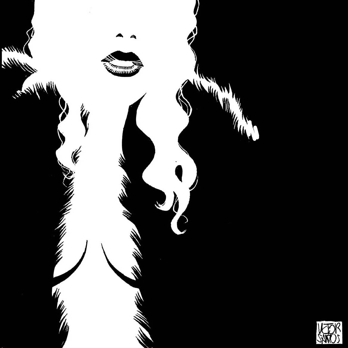 original, commentary, english commentary, 1girl, artist name, black background, blending, breasts, breasts apart, coat, frank miller (style), fur coat, greyscale, lips, long hair, monochrome, no bra, no eyes, no shirt, parody, simple background, solo, style parody, victor santos