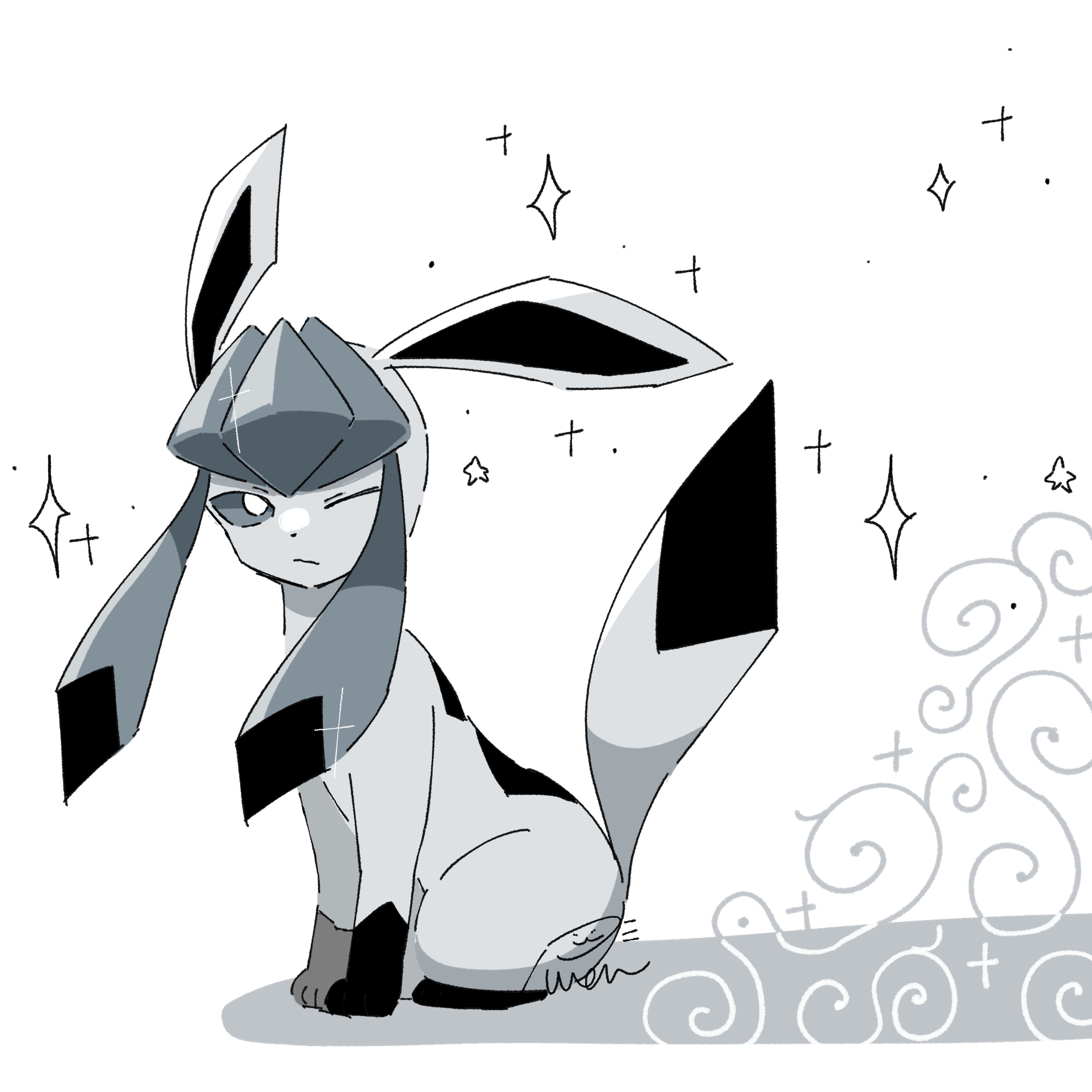 punaparu, glaceon, nintendo, pokemon, absurdres, highres, animal ears, animal focus, blue eyes, blue fur, closed mouth, full body, gen 4 pokemon, looking at viewer, no humans, one eye closed, pokemon (creature), pokemon focus, solo, star (symbol), tail