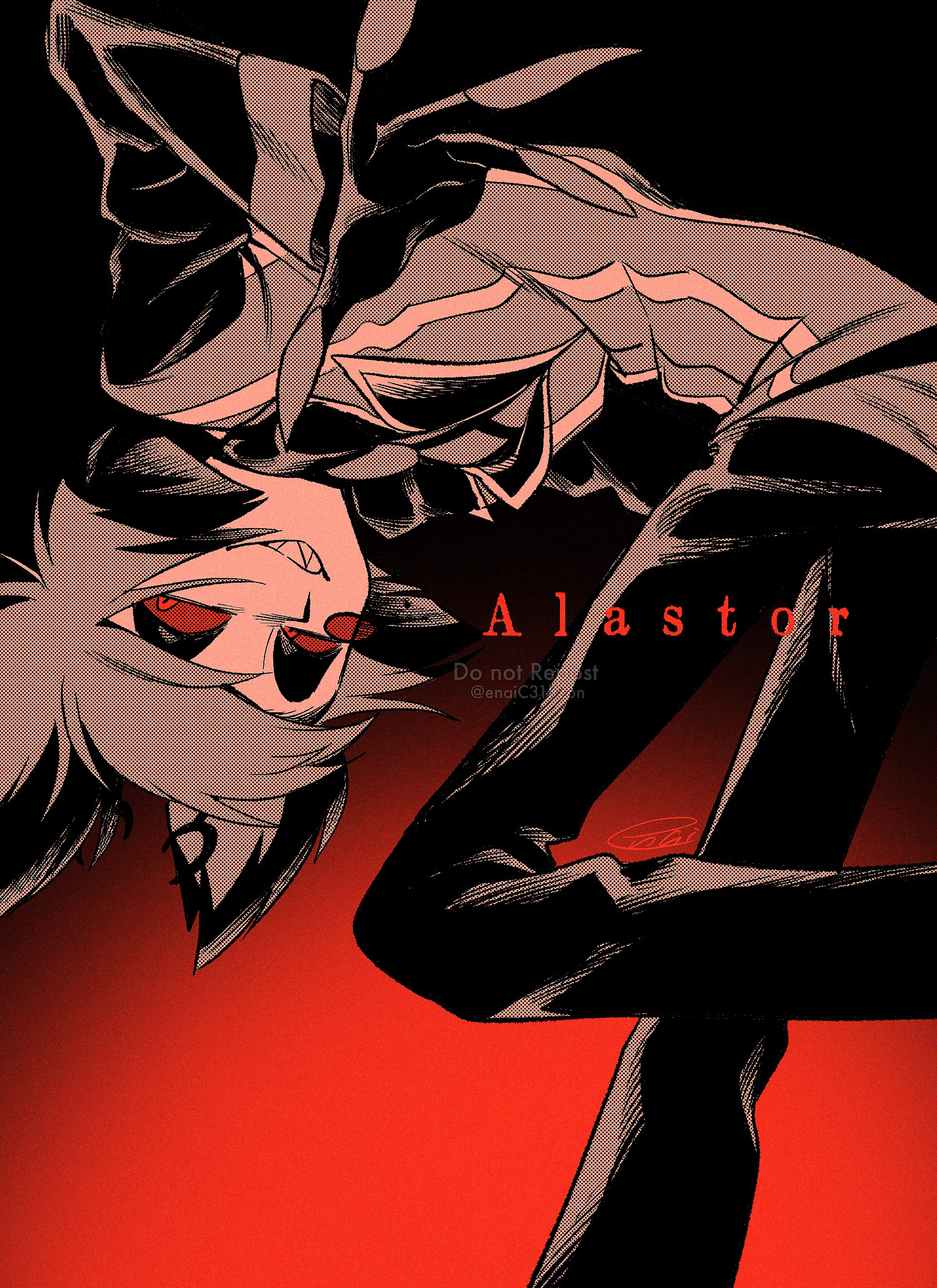 menma (enaic31), alastor (hazbin hotel), hazbin hotel, hellaverse, absurdres, commentary request, highres, 1boy, :d, animal ears, antlers, bent back, black background, bob cut, bow, bowtie, character name, coat, colored sclera, colored tips, deer antlers, deer ears, eyeshadow, feet out of frame, fewer digits, foreshortening, from below, grin, halftone, hatching (texture), high contrast, horns, inverted bob, lapels, long sleeves, looking at viewer, makeup, male focus, monochrome, multicolored hair, open mouth, outstretched hand, pants, reaching, reaching towards viewer, red background, red eyes, red sclera, red theme, sharp teeth, short hair, signature, simple background, smile, solo, standing, standing on one leg, striped coat, teeth, traditional bowtie, twitter username, two-tone background, two-tone hair, vertical-striped coat, watermark