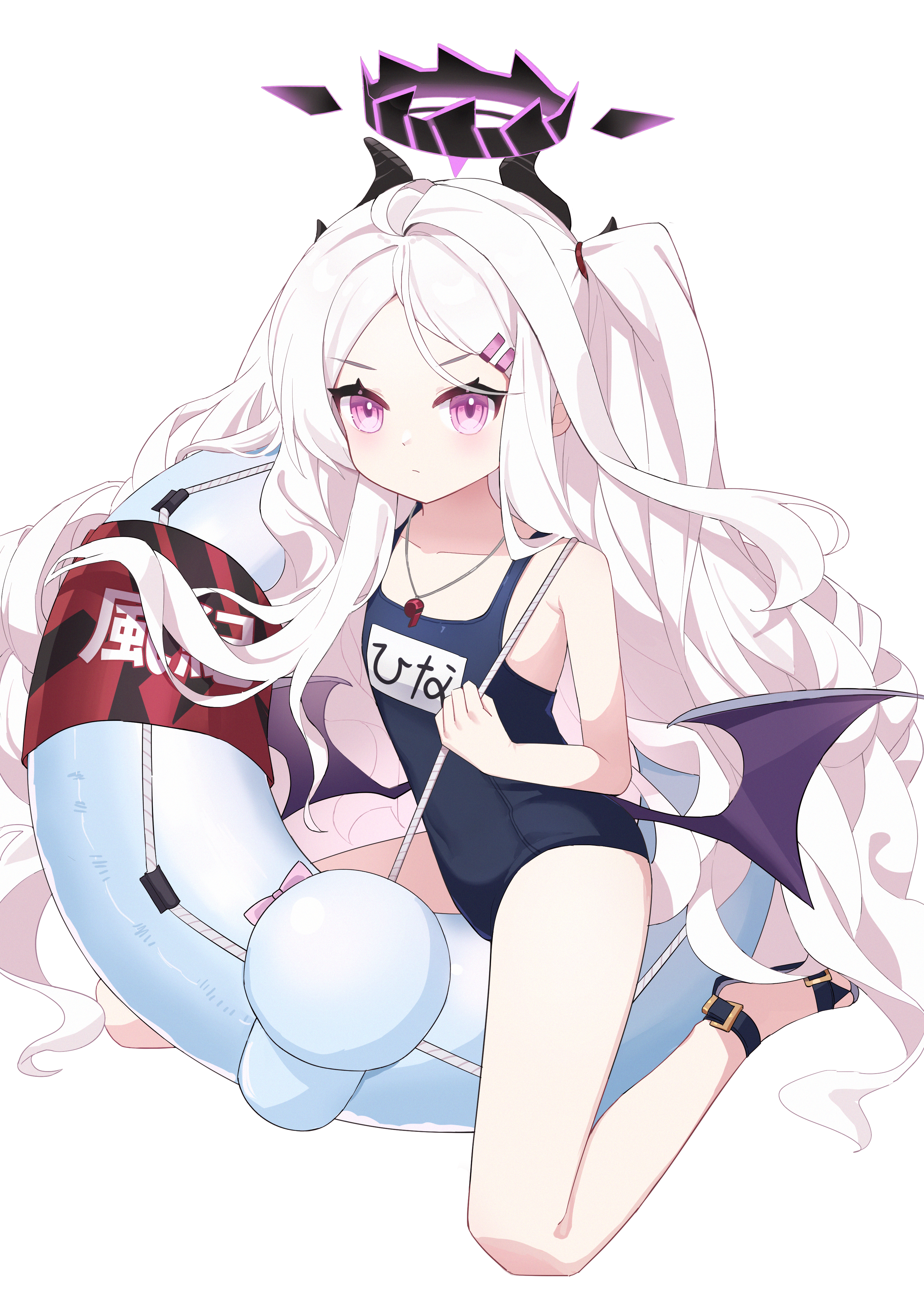 syusyuu, hina (blue archive), hina (swimsuit) (blue archive), blue archive, absurdres, highres, 1girl, ahoge, black halo, demon girl, demon horns, demon wings, halo, horns, long hair, looking at viewer, old school swimsuit, school swimsuit, simple background, sitting, solo, swimsuit, very long hair, white background, white hair, wings