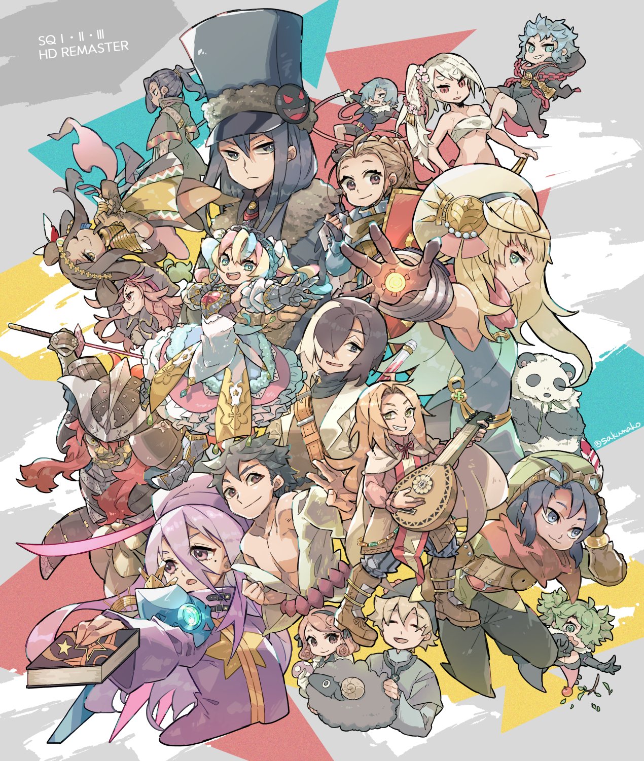 drop390 (sakuma), alchemist (sekaiju), alchemist 5 (sekaiju), bard (sekaiju), bard 1 (sekaiju), beast king (sekaiju), beast king 5 (sekaiju), bushidou (sekaiju), bushidou 5 (sekaiju), curse maker, curse maker 5, dark hunter, dark hunter (sekaiju), dark hunter 1, dark hunter 5, doctor magus, doctor magus 5, farmer (sekaiju), farmer 1 (sekaiju), farmer 4 (sekaiju), gunner (sekaiju), gunner 5 (sekaiju), medic (sekaiju), medic 5 (sekaiju), monk (sekaiju), monk 5 (sekaiju), pet (sekaiju), pet 4 (sekaiju), pirate (sekaiju), ranger (sekaiju), ranger 5 (sekaiju), shogun (sekaiju), shogun 5 (sekaiju), sovereign 5 (sekaiju), swordsman (sekaiju), swordsman 4 (sekaiju), zodiac (sekaiju), zodiac 2 (sekaiju), etrian odyssey, sekaiju no meikyuu, sekaiju no meikyuu 1, sekaiju no meikyuu 2, sekaiju no meikyuu 3, sekaiju no meikyuu hd, highres, 6+boys, 6+girls, armor, armored dress, blonde hair, blue eyes, blue hair, book, breasts, brown hair, chest sarashi, dark-skinned female, dark-skinned male, dark skin, dress, gauntlets, hair over one eye, hat, holding, holding book, in-franchise crossover, japanese armor, large breasts, multicolored hair, multiple boys, multiple girls, panda, pirate 5 (sekaiju), princess, purple hair, sarashi, sovereign (sekaiju)