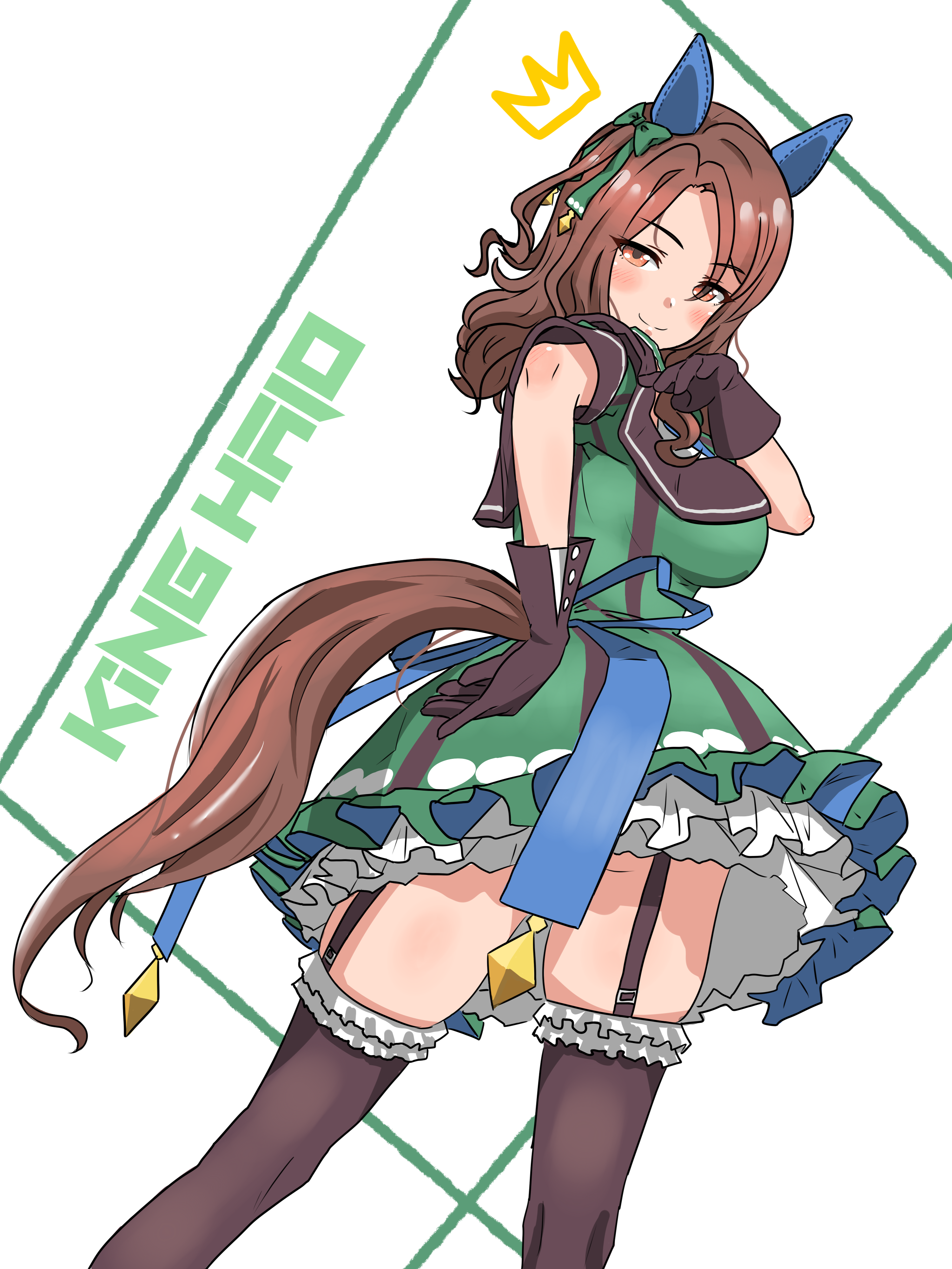 mini pekoe, king halo (umamusume), umamusume, absurdres, highres, 1girl, animal ears, black gloves, black thighhighs, breasts, brown hair, dress, ear covers, gloves, green dress, horse ears, horse girl, horse tail, red eyes, smile, solo, tail, thigh strap, thighhighs, zettai ryouiki