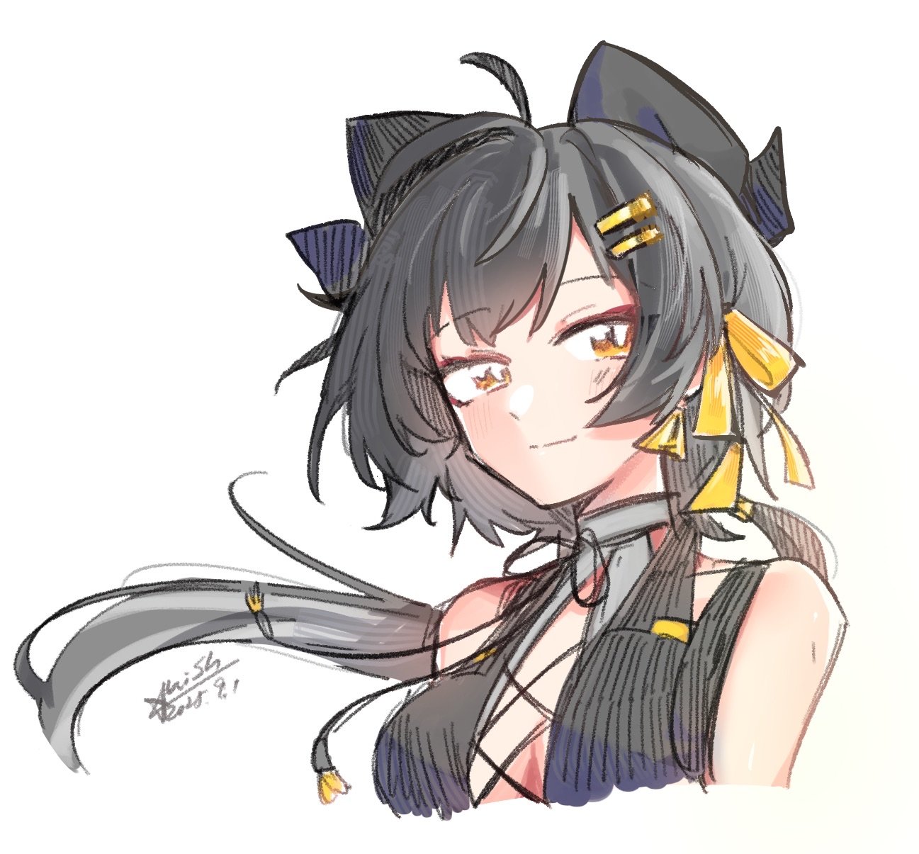 starblame, female rover (wuthering waves), rover (wuthering waves), wuthering waves, commentary request, highres, 1girl, bare shoulders, black bow, black hair, bow, breasts, closed mouth, cropped torso, dated, hair bow, hair ornament, hairclip, long hair, looking at viewer, low ponytail, medium breasts, parallel hairclips, ponytail, ribbon, signature, simple background, smile, solo, white background, yellow eyes, yellow ribbon