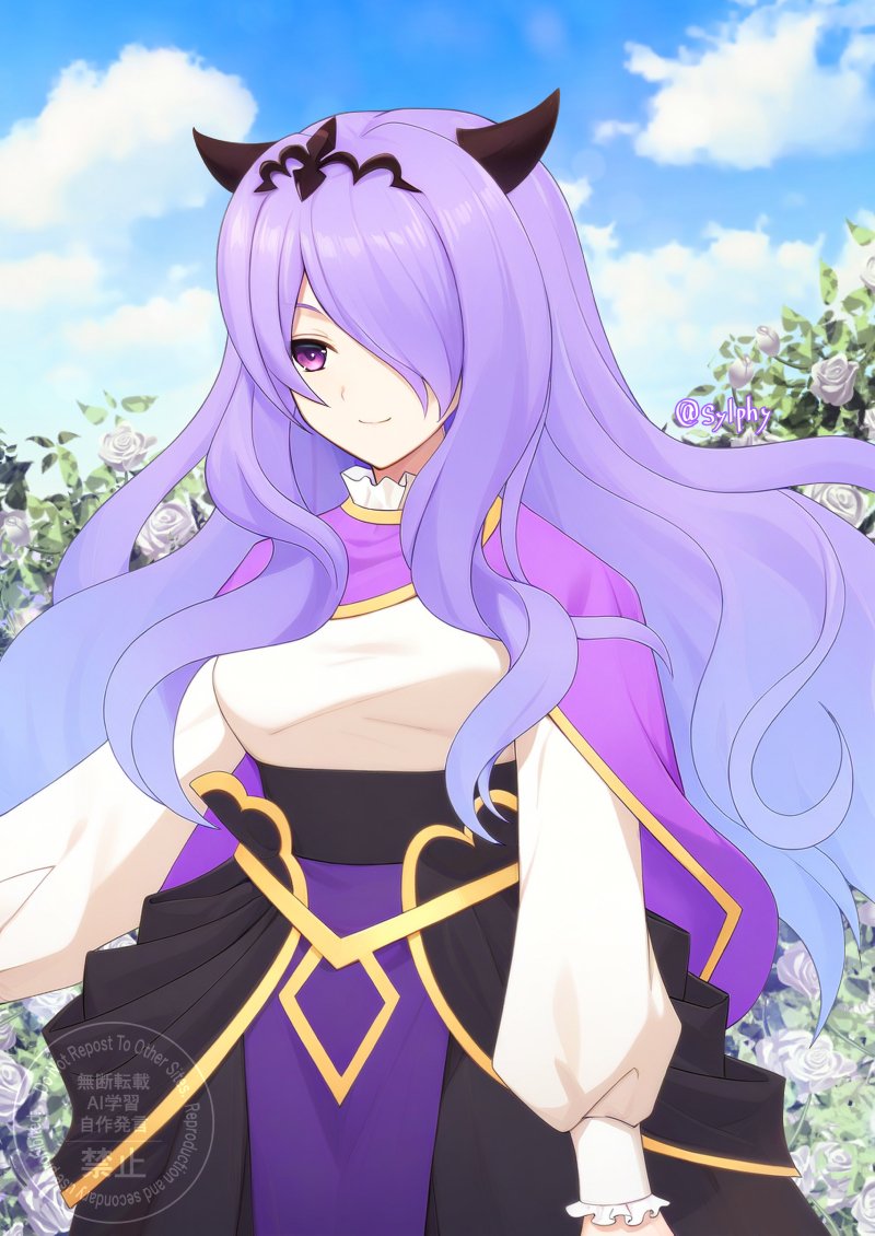 sylphy fe, camilla (fire emblem), camilla (young beauty) (fire emblem), fire emblem, fire emblem fates, fire emblem heroes, nintendo, 1girl, aged down, black skirt, blue sky, capelet, closed mouth, cloud, fake horns, flower, hair over one eye, hairband, horns, long hair, looking at viewer, official alternate costume, outdoors, purple capelet, purple eyes, purple hair, shirt, skirt, sky, smile, solo, tiara, wavy hair, white shirt