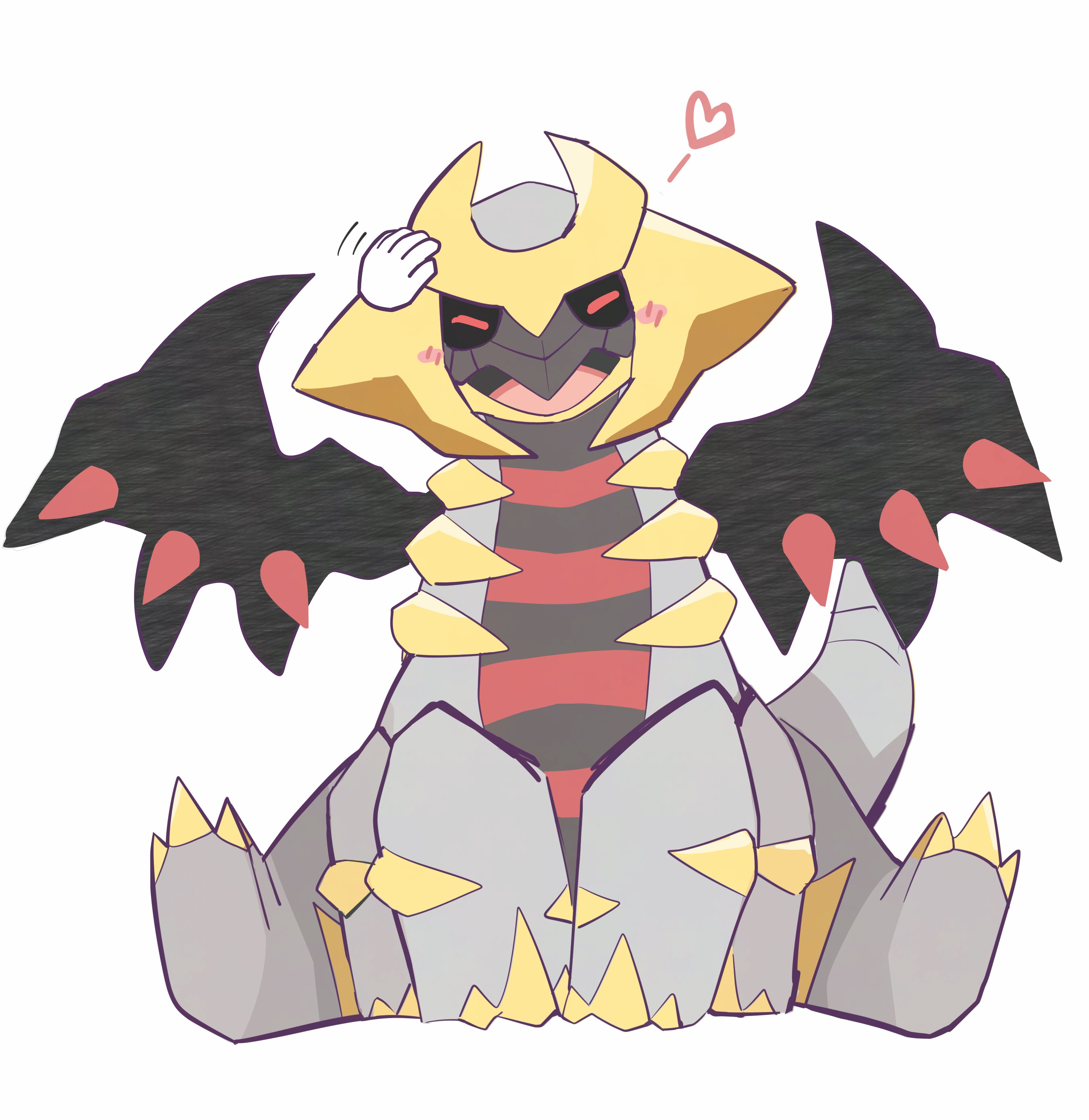 komanychi, giratina, giratina (altered), nintendo, pokemon, absurdres, highres, 1other, alternate form, blush, closed eyes, facing viewer, gen 4 pokemon, headpat, heart, legendary pokemon, open mouth, pokemon (creature), pokemon focus, simple background, sitting, smile, white background, wings