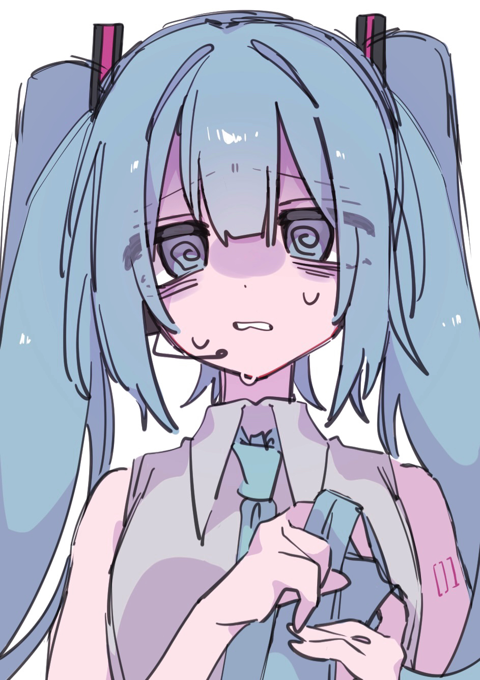 rarirure rirure, hatsune miku, vocaloid, highres, 1girl, @ @, arm tattoo, bags under eyes, bare shoulders, blue eyes, blue hair, blue necktie, collared shirt, grey shirt, hands up, holding necktie, long hair, looking at viewer, necktie, nervous sweating, open mouth, portrait, shaded face, shirt, sleeveless, sleeveless shirt, solo, straight-on, sweat, tattoo, twintails, upper body