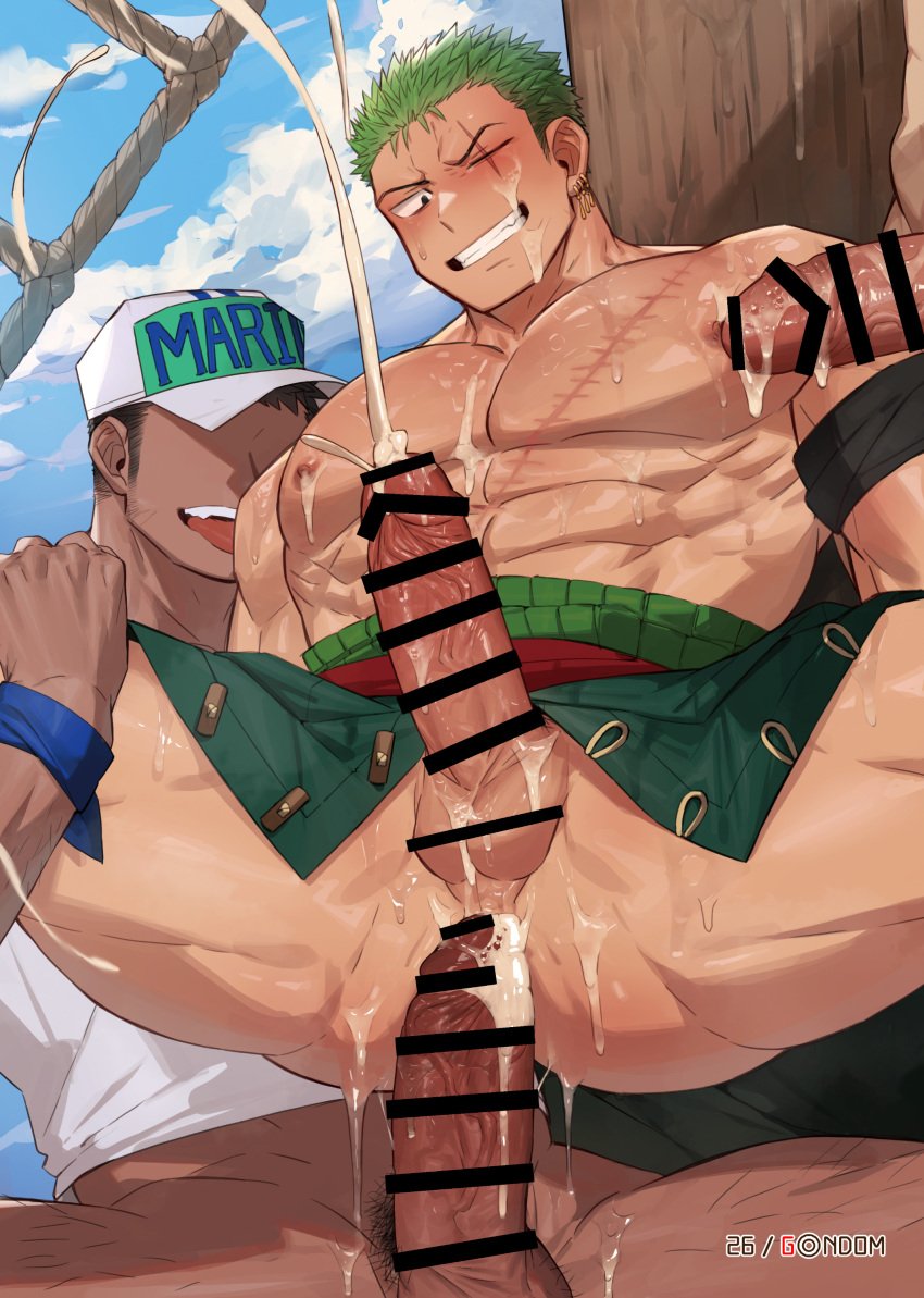 gondom, roronoa zoro, non-web source, bara, cum, erection, grey hair, male focus, muscular, muscular male, muscular uke, nipples, nude, penis, yaoi
