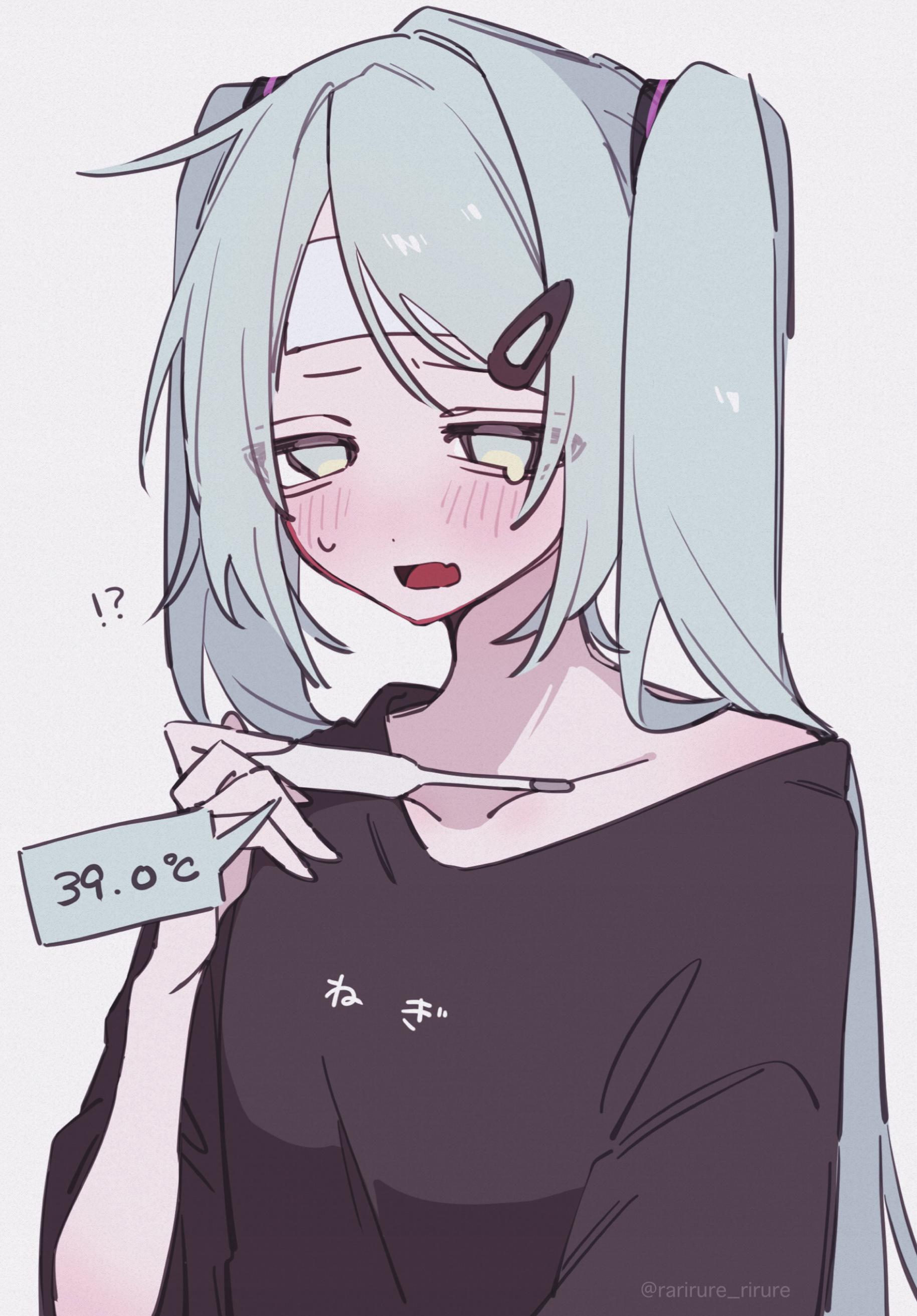 rarirure rirure, hatsune miku, vocaloid, absurdres, highres, !?, 1girl, aqua eyes, aqua hair, black shirt, blush, cold pack, collarbone, grey background, hair ornament, hairclip, hand up, long hair, open mouth, shirt, simple background, solo, sweatdrop, thermometer, twintails, twitter username, upper body, watermark