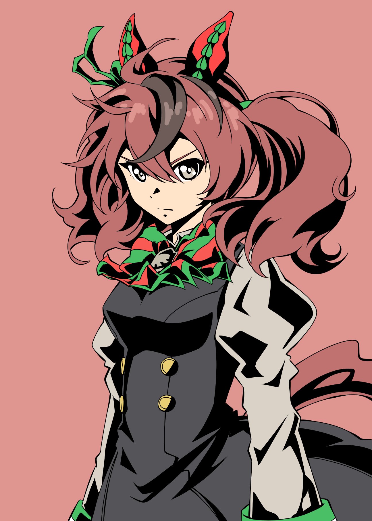 zukki (bijitaru), nice nature (umamusume), umamusume, highres, 1girl, animal ears, black dress, bow, breasts, brown eyes, brown hair, closed eyes, dress, ear bow, ear covers, ear ornament, ear ribbon, green bow, horse ears, horse girl, long hair, long sleeves, looking at viewer, medium hair, multicolored hair, simple background, solo, streaked hair, twintails, upper body