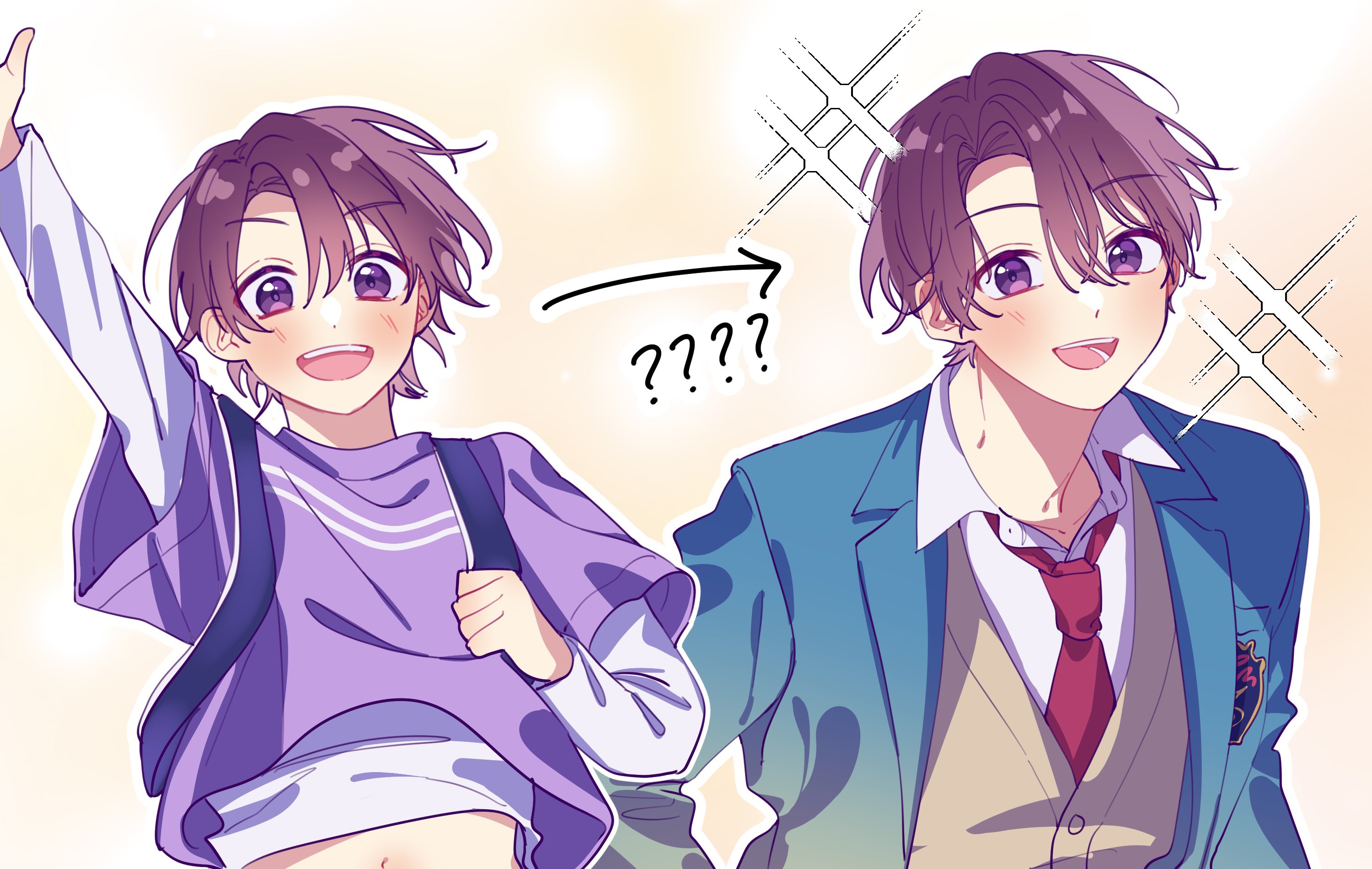 character request, commentary request, copyright request, highres, 0 (rhddb0), 2boys, ?, ??, age progression, arm up, arrow (symbol), clenched hand, collared shirt, insignia, lapels, layered sleeves, long sleeves, looking at viewer, male focus, multiple boys, necktie, notched lapels, open mouth, purple eyes, purple hair, red necktie, school uniform, shirt, short hair, short over long sleeves, short sleeves, smile, sparkle, teeth, upper body, upper teeth only