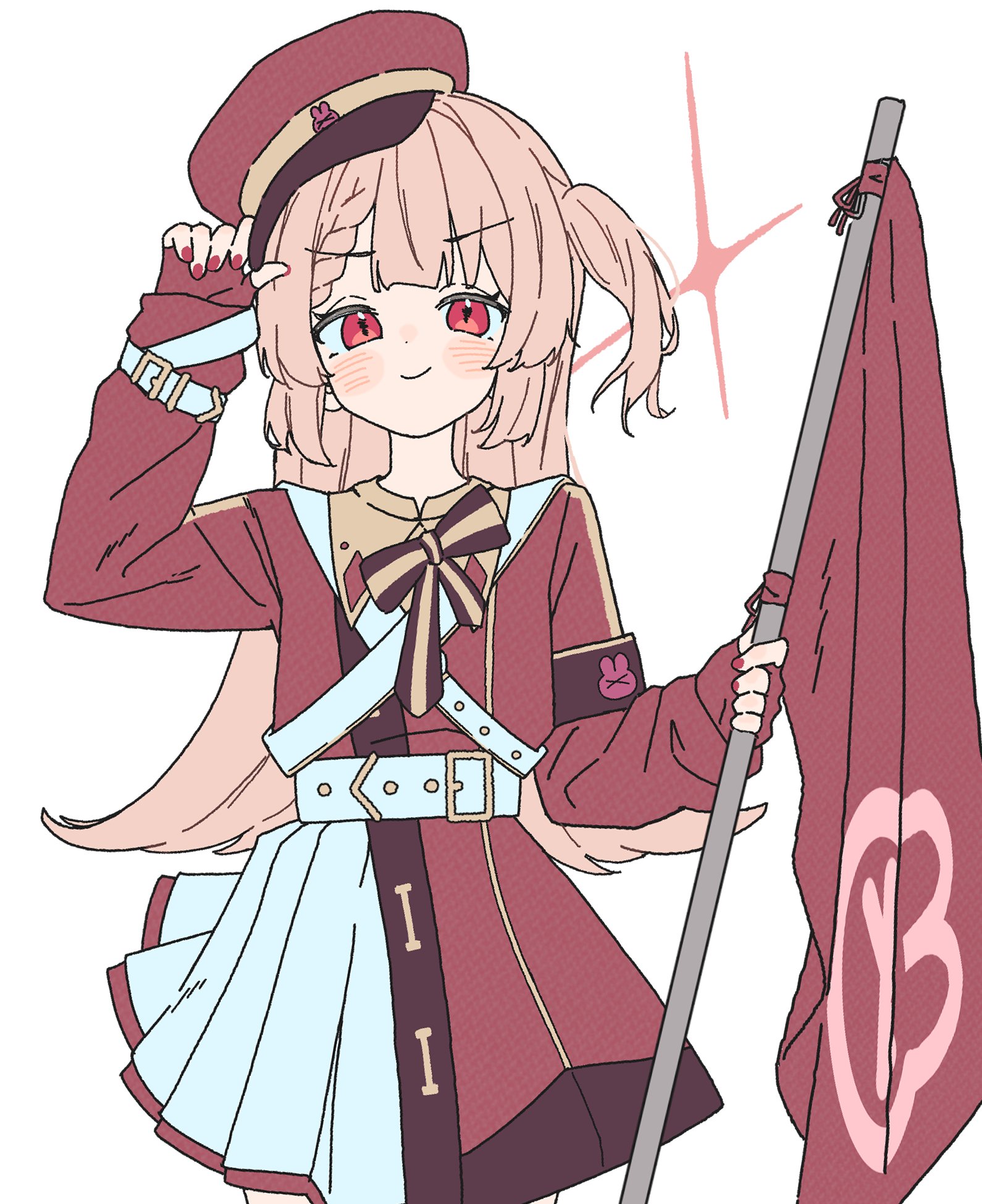 nobu-k, natori sana, sana channel, highres, 1girl, adjusting clothes, adjusting headwear, armband, banner, belt, blush, blush stickers, bow, bowtie, braid, closed mouth, cowboy shot, dot nose, flag, hat, holding, holding flag, long hair, long sleeves, looking at viewer, nail polish, one side up, peaked cap, pink hair, pink nails, pleated skirt, red armband, red eyes, red hat, red nails, simple background, skirt, smile, solo, virtual youtuber, white background, white belt, white skirt