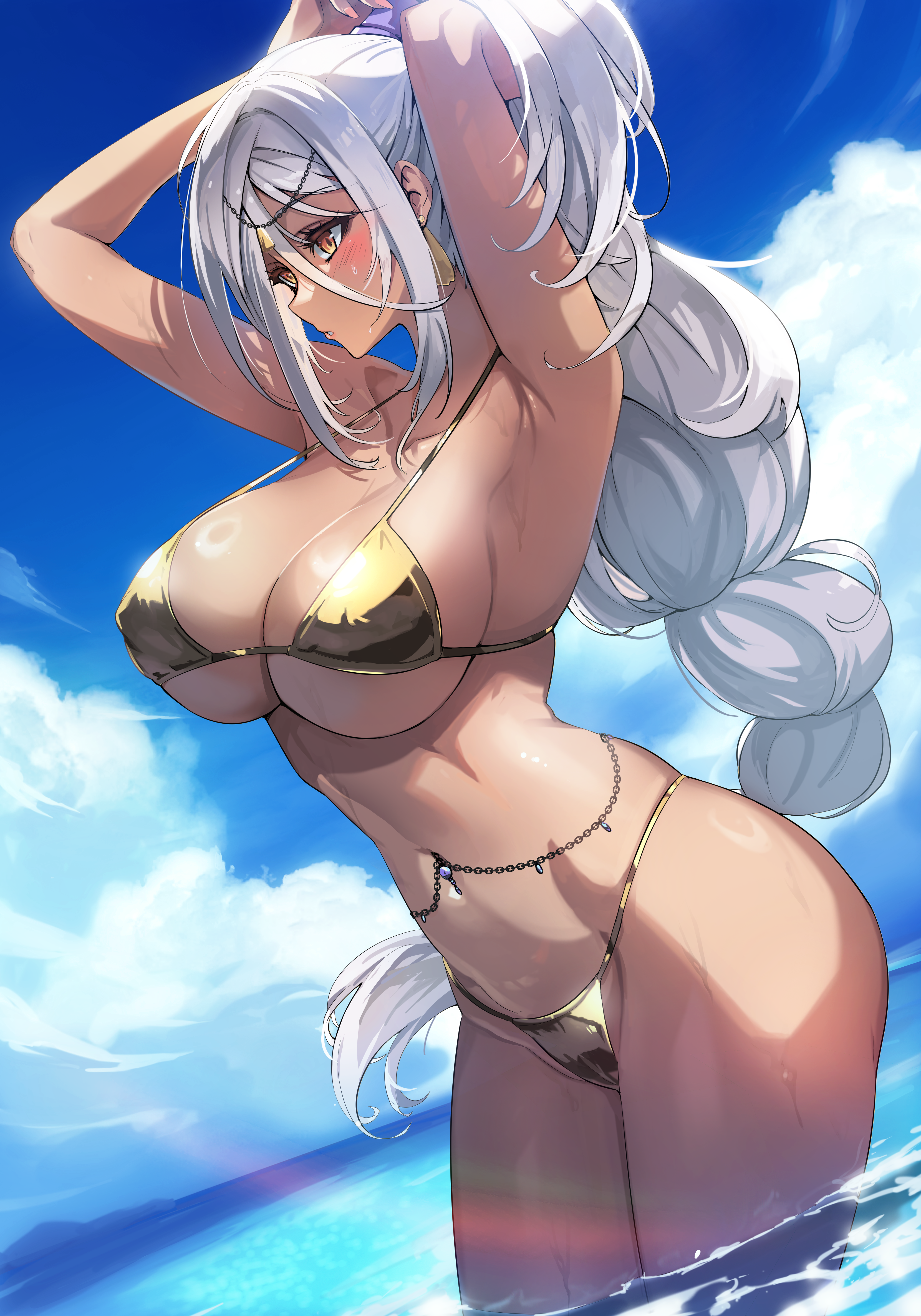 layla (master of eternity), master of eternity, absurdres, artist request, bad source, highres, variant set, 1girl, adjusting hair, armpits, arms up, belly chain, bikini, blue sky, blush, breasts, cameltoe, cloud, covered erect nipples, dark-skinned female, dark skin, day, dutch angle, earrings, gold bikini, grey hair, hair between eyes, horizon, jewelry, large breasts, long hair, looking at viewer, navel piercing, orange eyes, orange nails, outdoors, parted lips, partially visible vulva, piercing, ponytail, sideways glance, skindentation, sky, solo, string bikini, swimsuit, underboob, very long hair, wading, water, wet