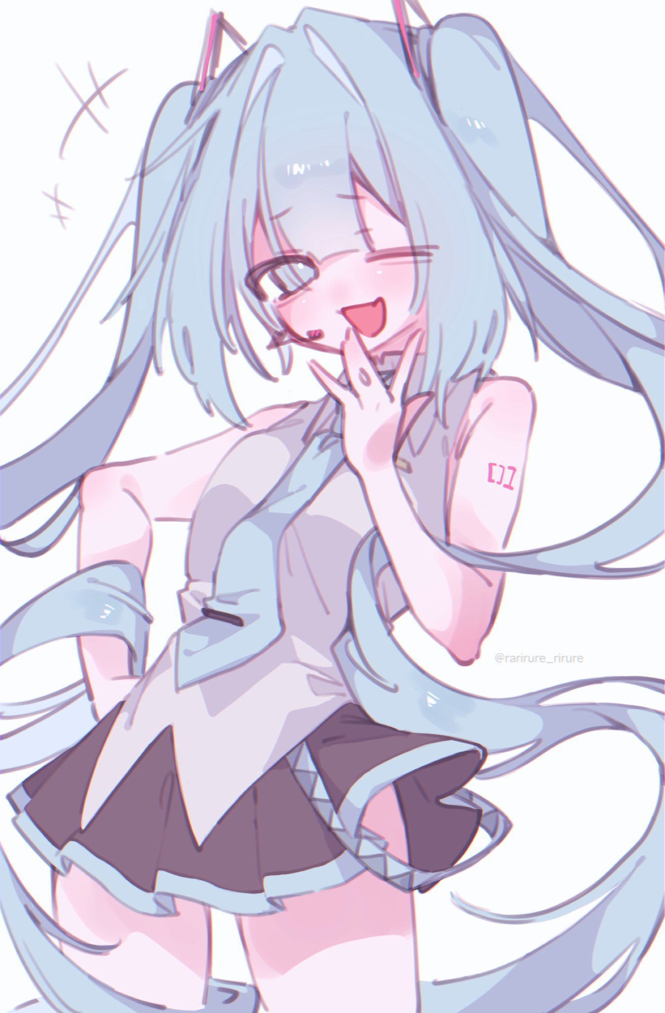 rarirure rirure, hatsune miku, vocaloid, highres, +++, 1girl, arm tattoo, bare shoulders, black skirt, blue eyes, blue hair, blue necktie, breasts, collared shirt, cowboy shot, grey shirt, hand up, headset, laughing, long hair, looking at viewer, miniskirt, necktie, one eye closed, open mouth, shirt, simple background, skirt, sleeveless, sleeveless shirt, small breasts, solo, standing, tattoo, twintails, twitter username, very long hair, watermark, white background