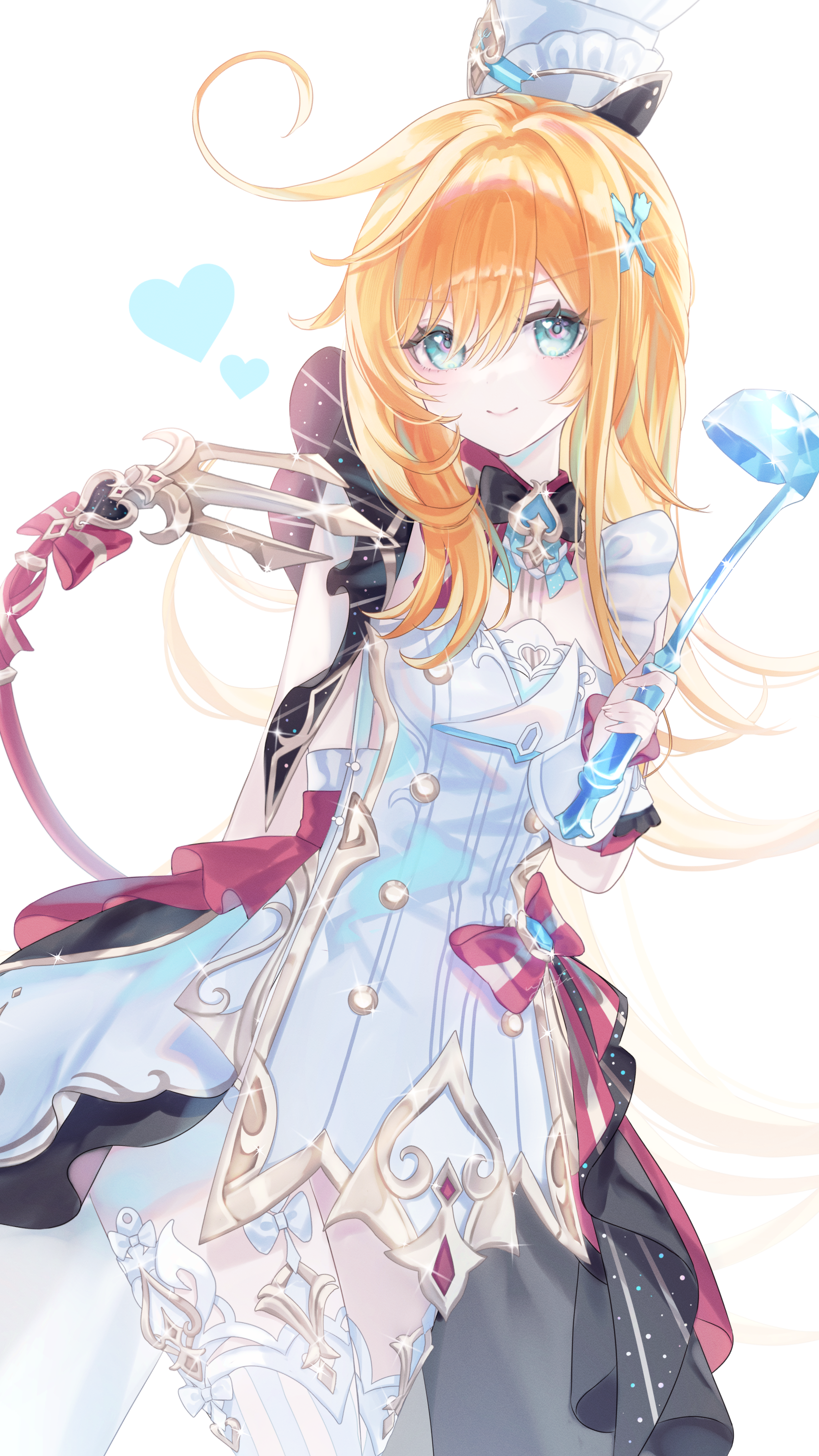 anninufufu, escoffier (genshin impact), genshin impact, absurdres, highres, 1girl, ahoge, apron, blonde hair, blush, bow, chef, chef hat, closed mouth, dress, fake tail, fork hair ornament, frilled apron, frills, hair between eyes, hair ornament, hat, holding, holding ladle, ladder, ladle, looking at viewer, pink bow, simple background, smile, solo, soup ladle, tail, thighhighs, white apron, white background, white dress, white hat, white thighhighs