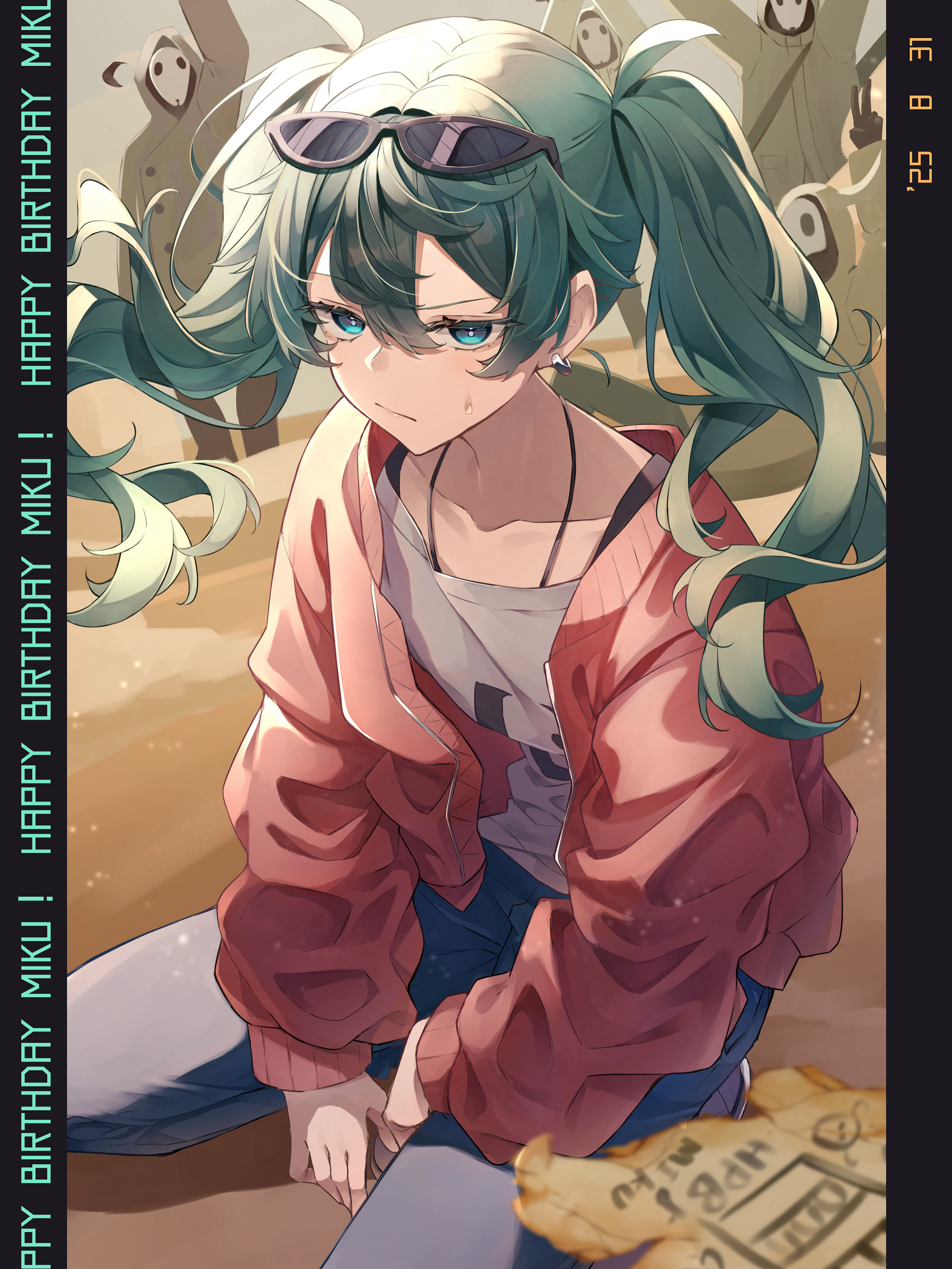 wanderlands k, hatsune miku, suna no wakusei (vocaloid), vocaloid, absurdres, commentary request, highres, 1girl, 4others, english text, eyewear on head, frown, green eyes, green hair, jacket, kneeling, long sleeves, looking at viewer, multiple others, red jacket, sand dune, shirt, solo focus, sunglasses, twintails, white shirt