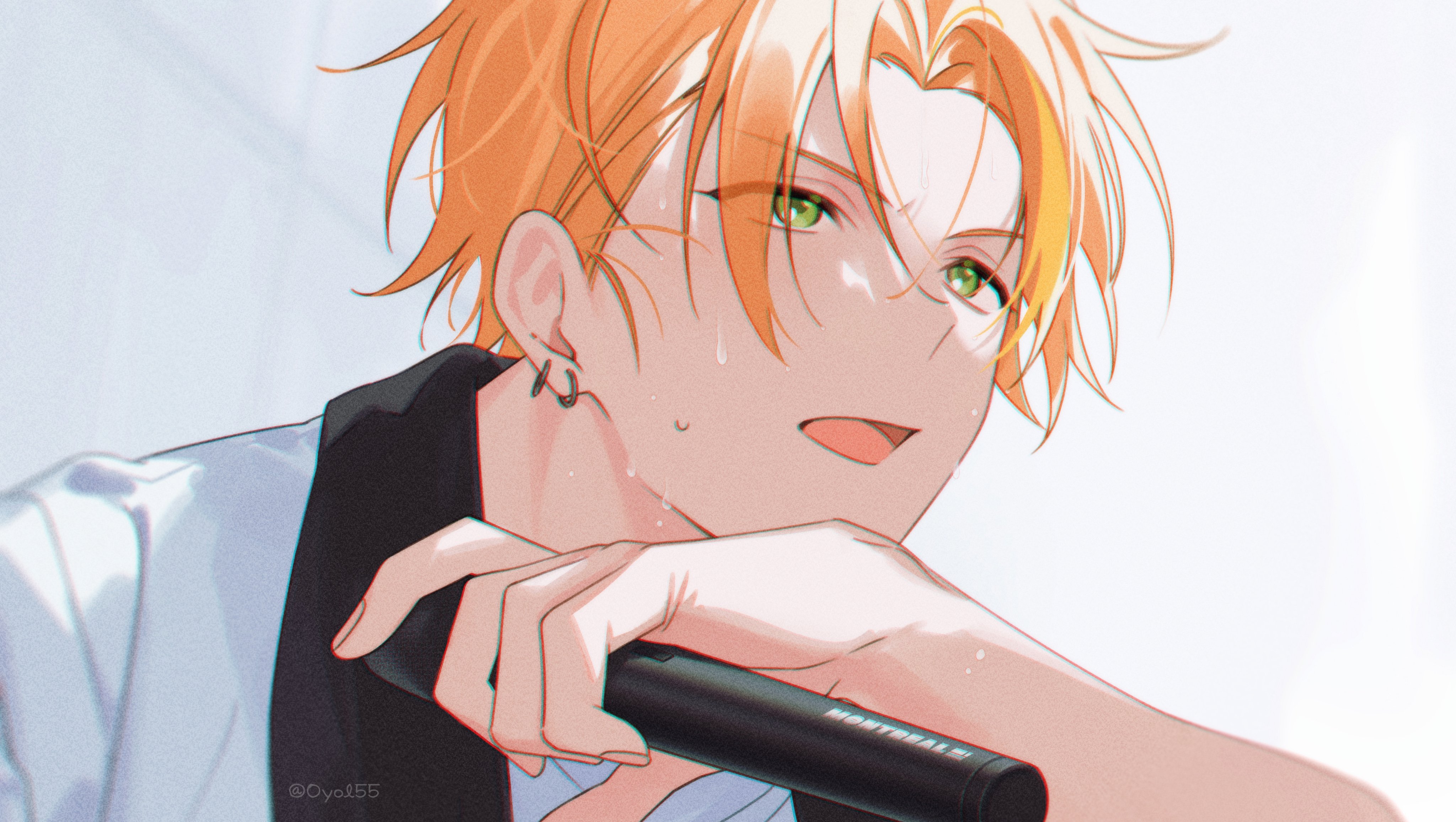oyol55, shinonome akito, project sekai, absurdres, commentary, highres, 1boy, earrings, green eyes, hand up, holding, holding microphone, jewelry, male focus, microphone, open mouth, orange hair, parted bangs, simple background, solo, sweat, upper body