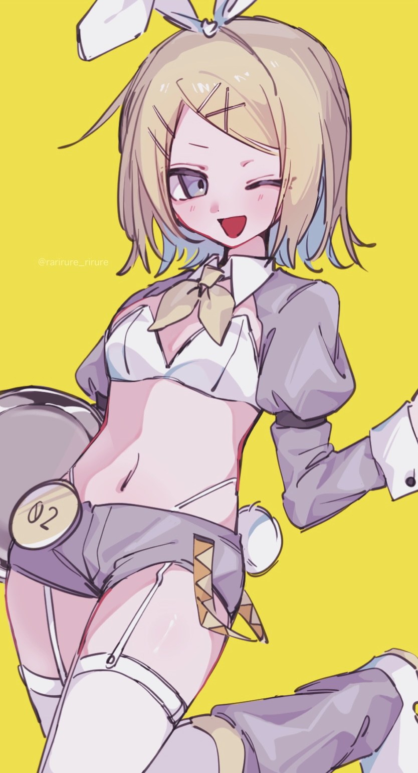 rarirure rirure, kagamine rin, vocaloid, highres, 1girl, animal ears, blonde hair, blue eyes, bow, bowtie, bra, breasts, detached collar, fake animal ears, fake tail, garter straps, grey shorts, holding, holding tray, juliet sleeves, leg warmers, long sleeves, looking at viewer, midriff, navel, one eye closed, open mouth, puffy sleeves, rabbit ears, rabbit tail, shoes, short hair, short shorts, shorts, shrug (clothing), simple background, small breasts, smile, solo, tail, thighhighs, tray, twitter username, underwear, watermark, white bra, white shoes, white thighhighs, yellow background