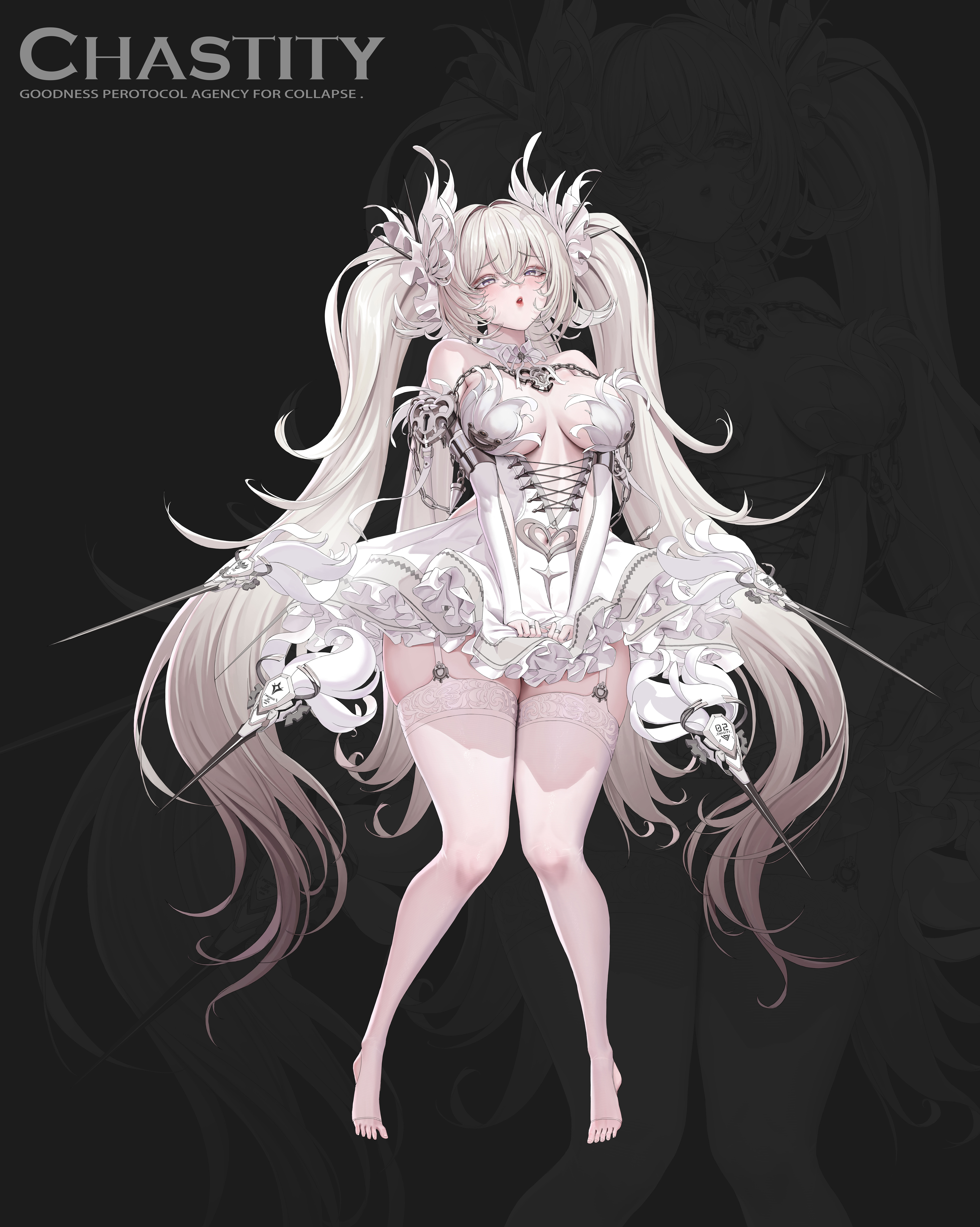 hui z jie, original, absurdres, commentary request, highres, 1girl, bare shoulders, breasts, bridal gauntlets, center opening, character name, cleavage, dress, elbow gloves, english text, full body, garter straps, gloves, lace, lace-trimmed thighhighs, lace trim, large breasts, long hair, short dress, solo, stirrup legwear, thighhighs, toeless legwear, twintails, v arms, very long hair, white dress, white eyes, white garter straps, white hair, white theme, white thighhighs