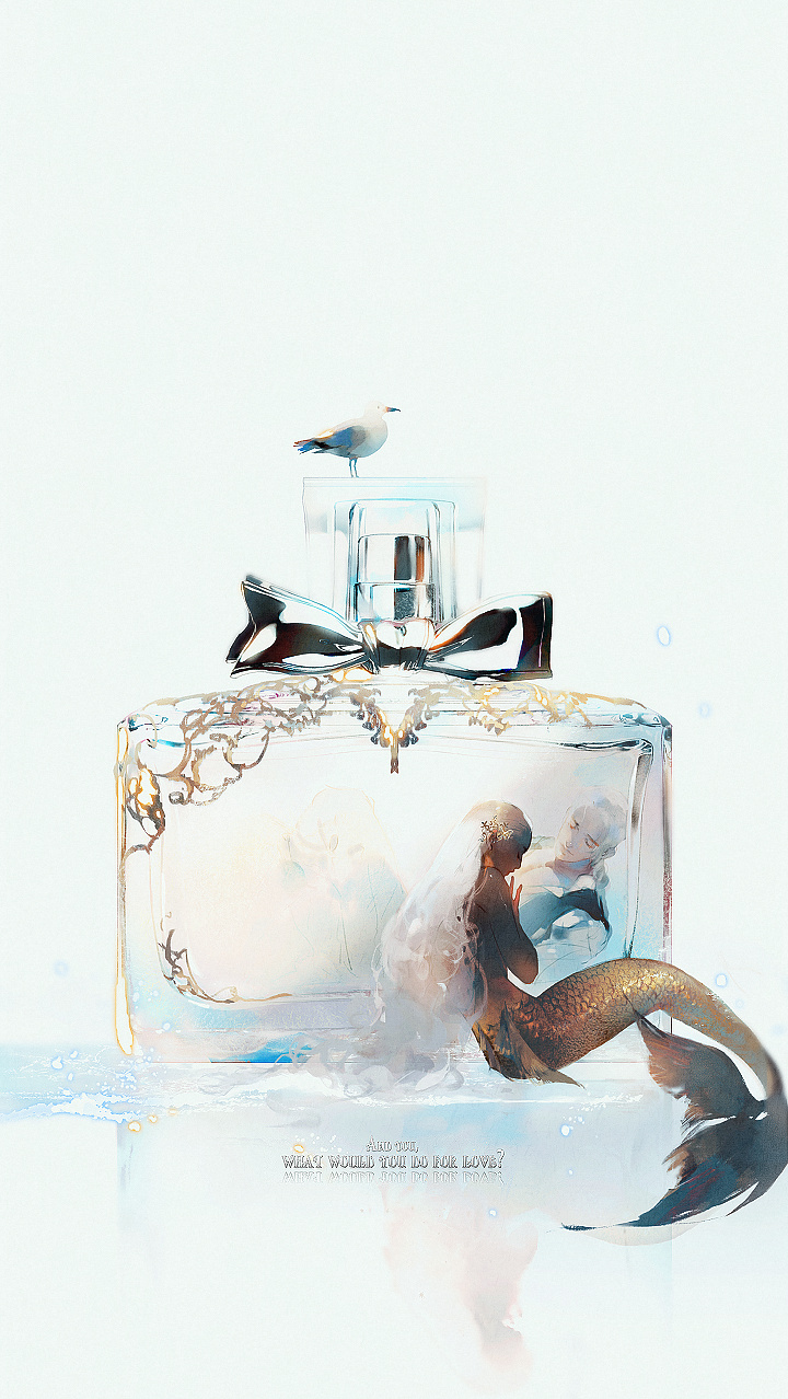 mian lang, dior, the little mermaid, highres, 1boy, 1girl, ad, bird, closed eyes, long hair, mermaid, monster girl, perfume (cosmetics), shirt, white hair, white shirt