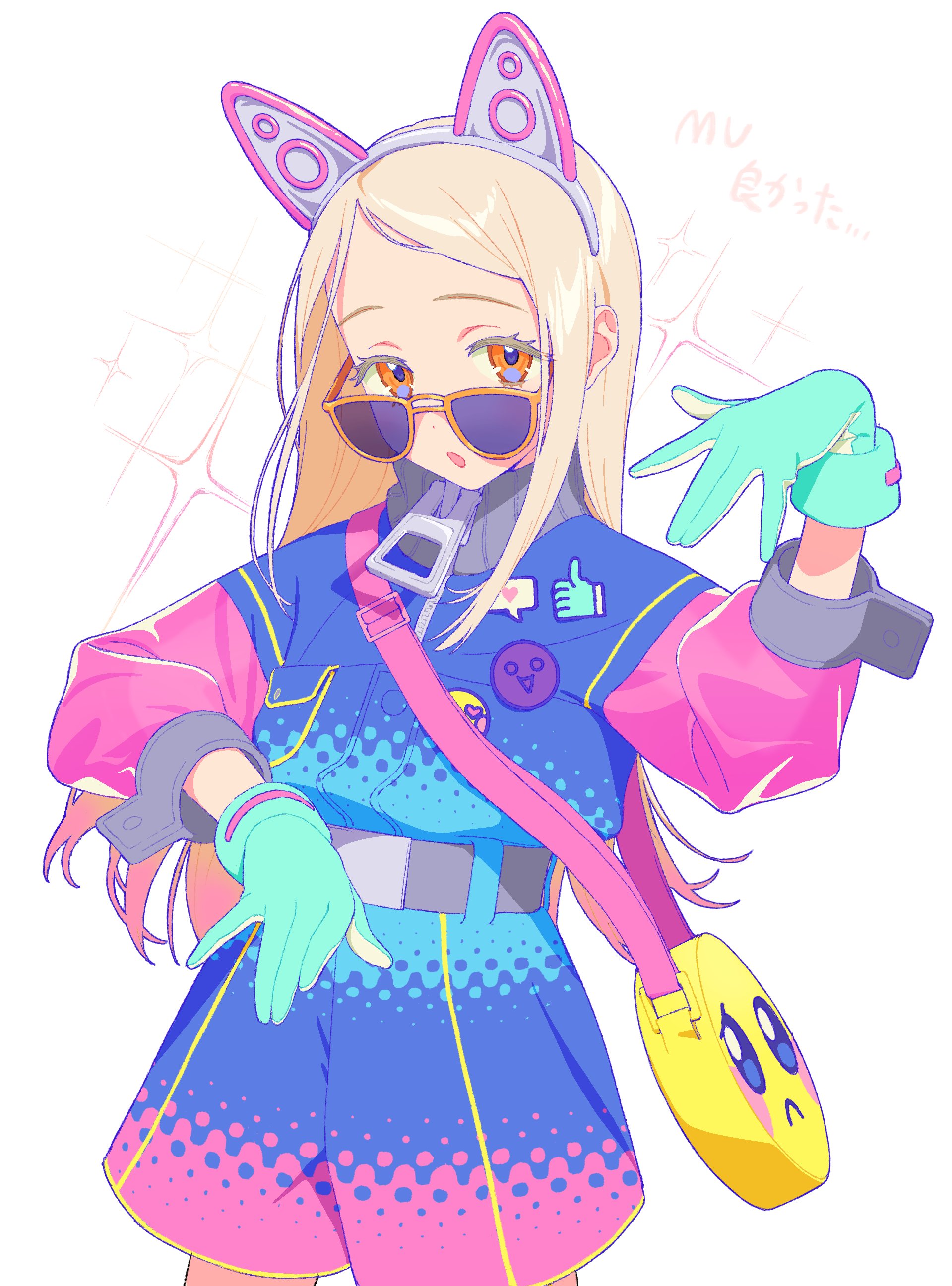original nasu, shinosawa hiro, gakuen idolmaster, idolmaster, absurdres, highres, 1girl, animal ears, aqua gloves, bag, belt, blonde hair, blue gloves, blue jacket, cowboy shot, fake animal ears, gloves, jacket, long hair, long sleeves, looking at viewer, looking over eyewear, open mouth, orange eyes, puffy long sleeves, puffy sleeves, shorts, shoulder bag, simple background, solo, sparkle, sunglasses, tinted eyewear, white background, yellow-framed eyewear, zipper, zipper pull tab
