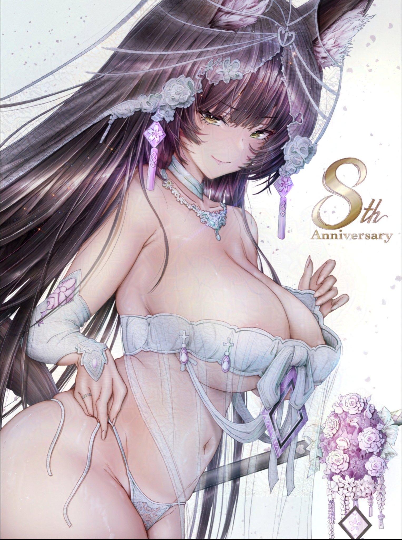 commander kei, musashi (azur lane), azur lane, commentary, english commentary, highres, 1girl, animal ear fluff, animal ears, anniversary, bouquet, breasts, cowboy shot, detached sleeves, earrings, facial mark, flower, from side, holding strap, jewelry, large breasts, navel, panties, purple hair, revealing clothes, ring, rose, see-through clothes, see-through veil, side-tie panties, simple background, solo, underwear, untied panties, veil, wedding ring, whisker markings, white background, white flower, white panties, white rose, yellow eyes