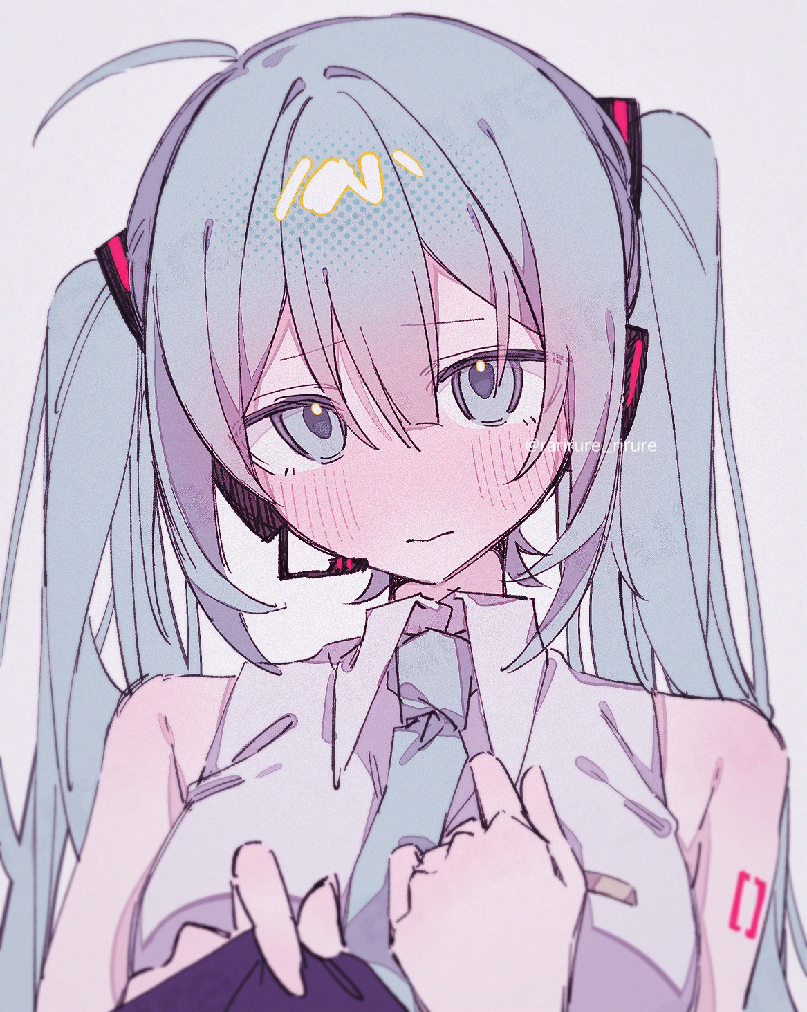 rarirure rirure, hatsune miku, vocaloid, highres, 1girl, ahoge, arm tattoo, bare shoulders, blue eyes, blue hair, blue necktie, blush, breasts, closed mouth, clothes grab, collared shirt, grey background, grey shirt, hand on own chest, headset, long hair, looking at viewer, necktie, pov, shirt, shirt grab, simple background, small breasts, solo, tattoo, twintails, twitter username, upper body