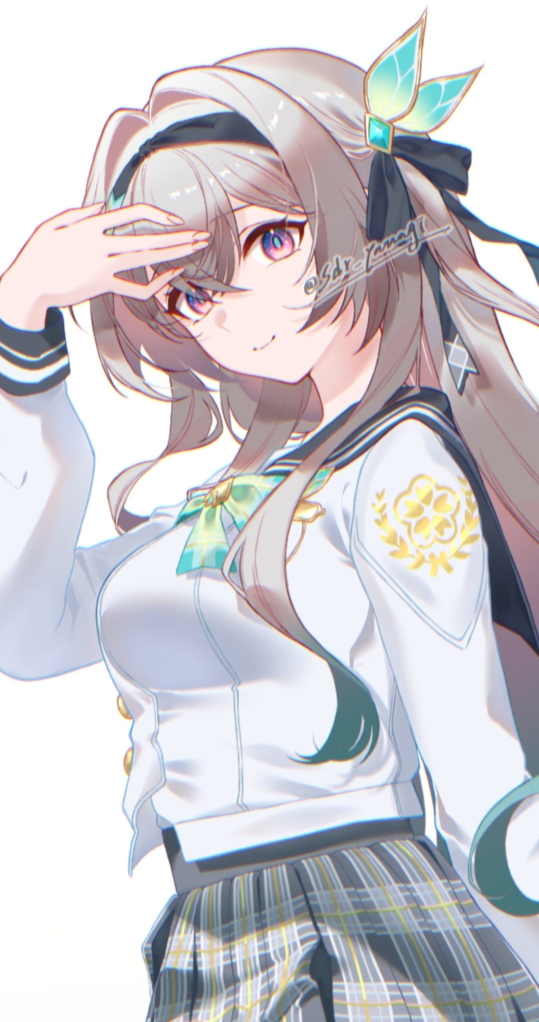shidare yanagi, firefly (honkai: star rail), firefly (spring missive) (honkai: star rail), honkai: star rail, honkai (series), highres, 1girl, bow, breasts, closed mouth, gradient hair, green bow, green hair, grey hair, grey skirt, hair between eyes, hair ornament, medium breasts, multicolored hair, official alternate costume, pink eyes, plaid bow, pleated skirt, school uniform, serafuku, shirt, skirt, smile, solo, twitter username, white shirt