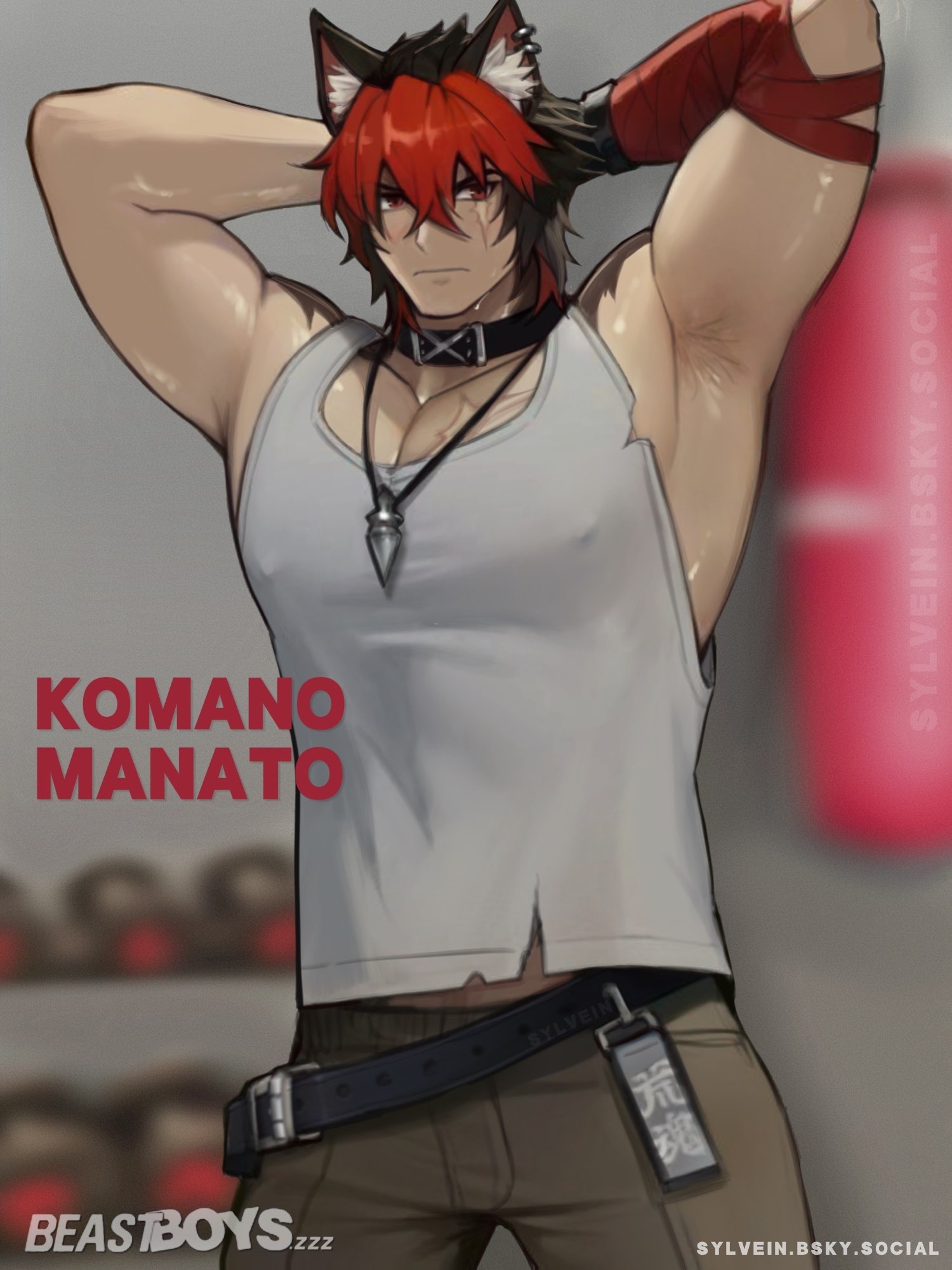 sylvein, komano manato, zenless zone zero, commentary, english commentary, highres, 1boy, animal ears, arms behind head, artist name, bara, character name, closed mouth, dog boy, dog ears, earrings, green pants, jewelry, looking at viewer, male focus, multicolored hair, muscular, muscular male, necklace, pants, pectorals, scar, scar across eye, scar on chest, scar on face, shirt, torn clothes, white shirt