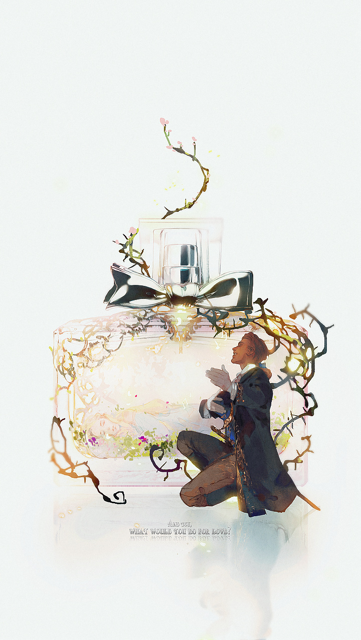 mian lang, dior, sleeping beauty (fairy tale), highres, 1boy, 1girl, ad, black pants, bow, brown hair, dress, flower, gloves, kneeling, leaf, long hair, open mouth, pants, perfume (cosmetics)