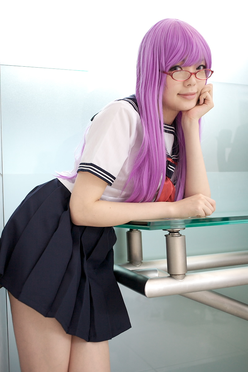 namada, sarutobi ayame, gintama, highres, photo (medium), 1girl, asian, blurry, breasts, cosplay, depth of field, female focus, glasses, head rest, indoors, leaning forward, looking at viewer, looking over eyewear, purple hair, sailor, school uniform, serafuku, short sleeves, small breasts, solo