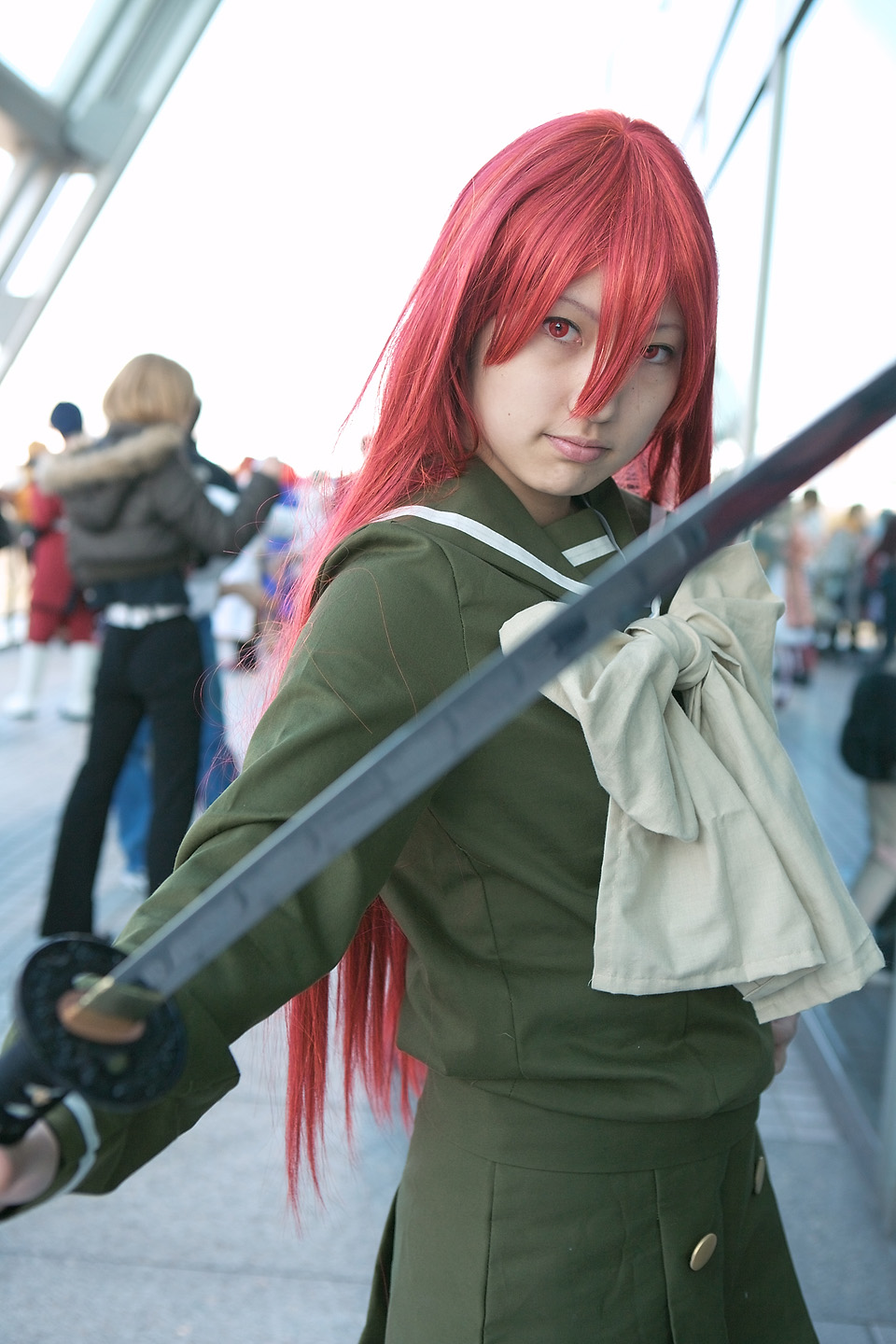haruki teiuno, shana, shakugan no shana, highres, photo (medium), cosplay, katana, red hair, sailor, school uniform, serafuku, sword, weapon