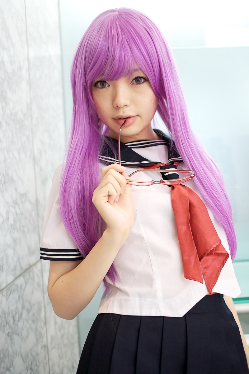 namada, sarutobi ayame, gintama, highres, photo (medium), 1girl, asian, blurry, breasts, color contacts, cosplay, depth of field, female focus, glasses, indoors, looking at viewer, matching hair/eyes, purple eyes, purple hair, sailor, school uniform, serafuku, short sleeves, small breasts, solo, standing, unworn eyewear