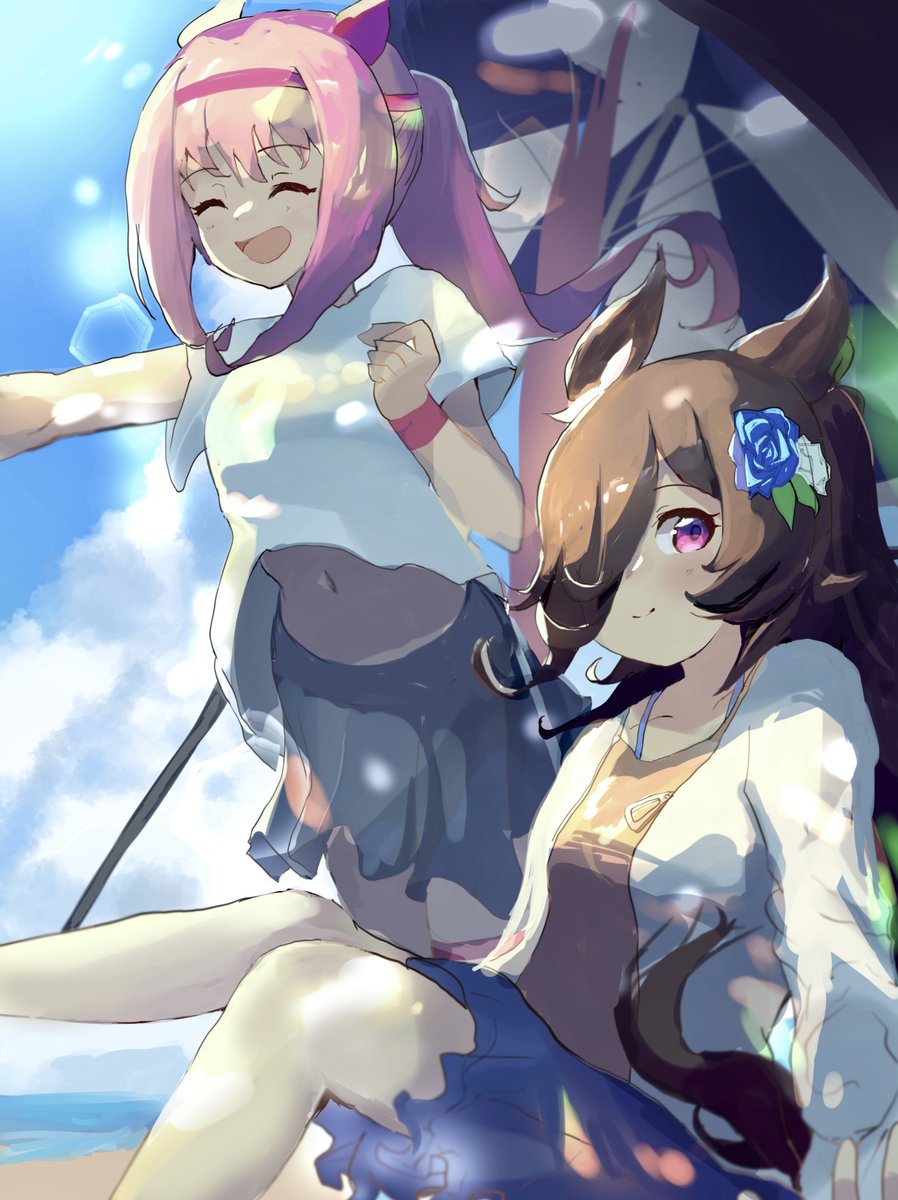 takinii, haru urara (umamusume), rice shower (umamusume), umamusume, highres, 2girls, alternate costume, animal ears, beach, blue flower, blue rose, blue skirt, blue sky, blush, brown hair, closed eyes, closed mouth, ear covers, flower, hair flower, hair ornament, hair over one eye, hairband, headband, horse ears, horse girl, horse tail, jacket, long hair, looking at viewer, multiple girls, navel, ocean, open clothes, open jacket, open mouth, outdoors, pink hair, pink headband, ponytail, purple eyes, red headband, rose, shirt, skirt, sky, smile, stomach, swimsuit, swimsuit under clothes, tail, umbrella, water, white jacket, white shirt, wristband